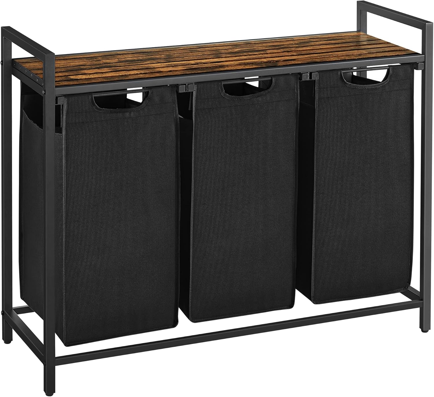 Bild von VASAGLE Wäschekorb 3 Fächer, Wäschesammler mit Ablage, Wäschebox, Wäschesack aus Oxford-Gewebe ausziehbar abnehmbar, Metallrahmen, 3 x 38 L, 92,5 x 33 x 72 cm, vintagebraun-schwarz BLH301B01