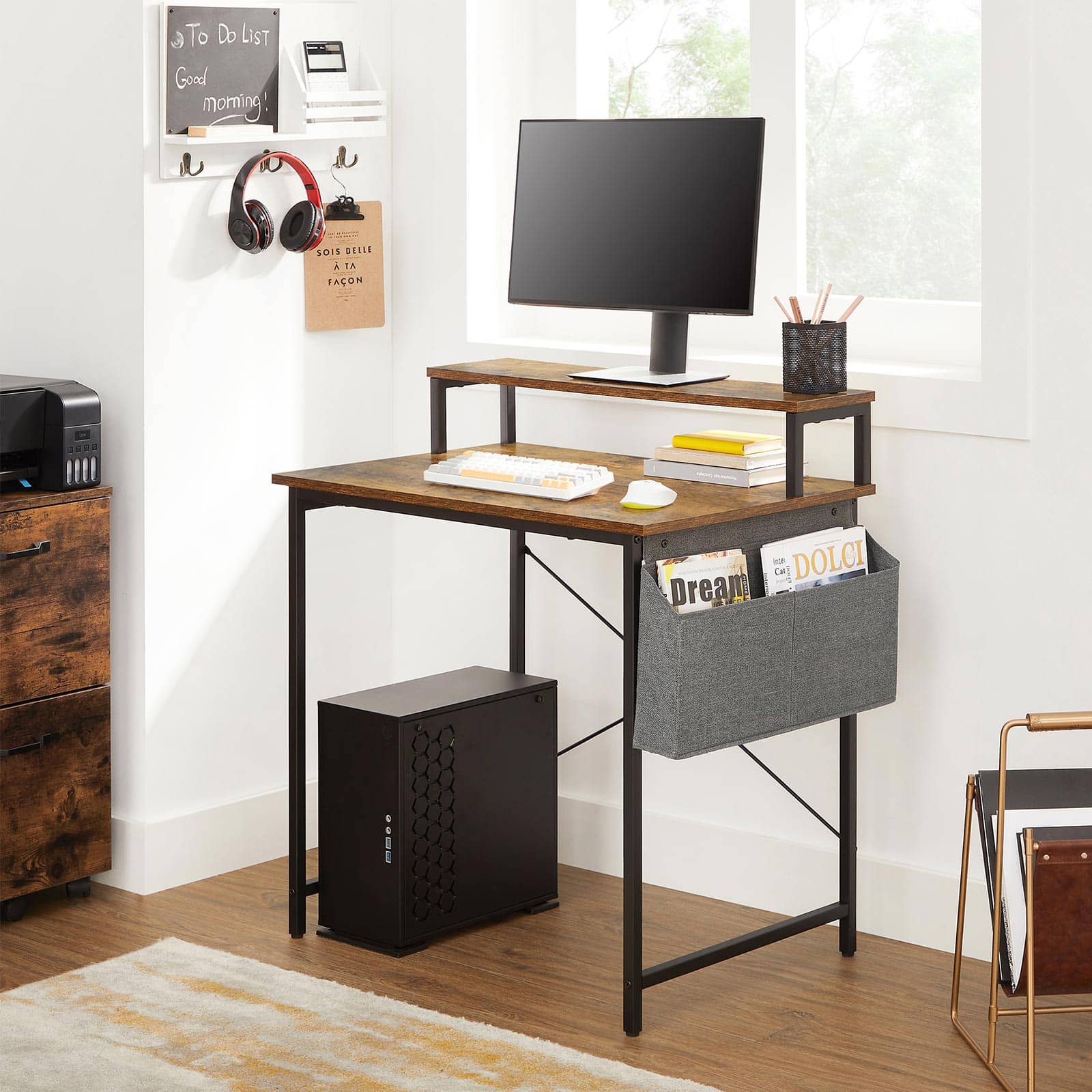 Bild von VASAGLE Vintage-Design Schreibtisch mit Monitorständer und Aufbewahrungstasche, verstellbare Füße, 80 x 55 x 90 cm, Homeoffice Möbel, vintagebraun-schwarz