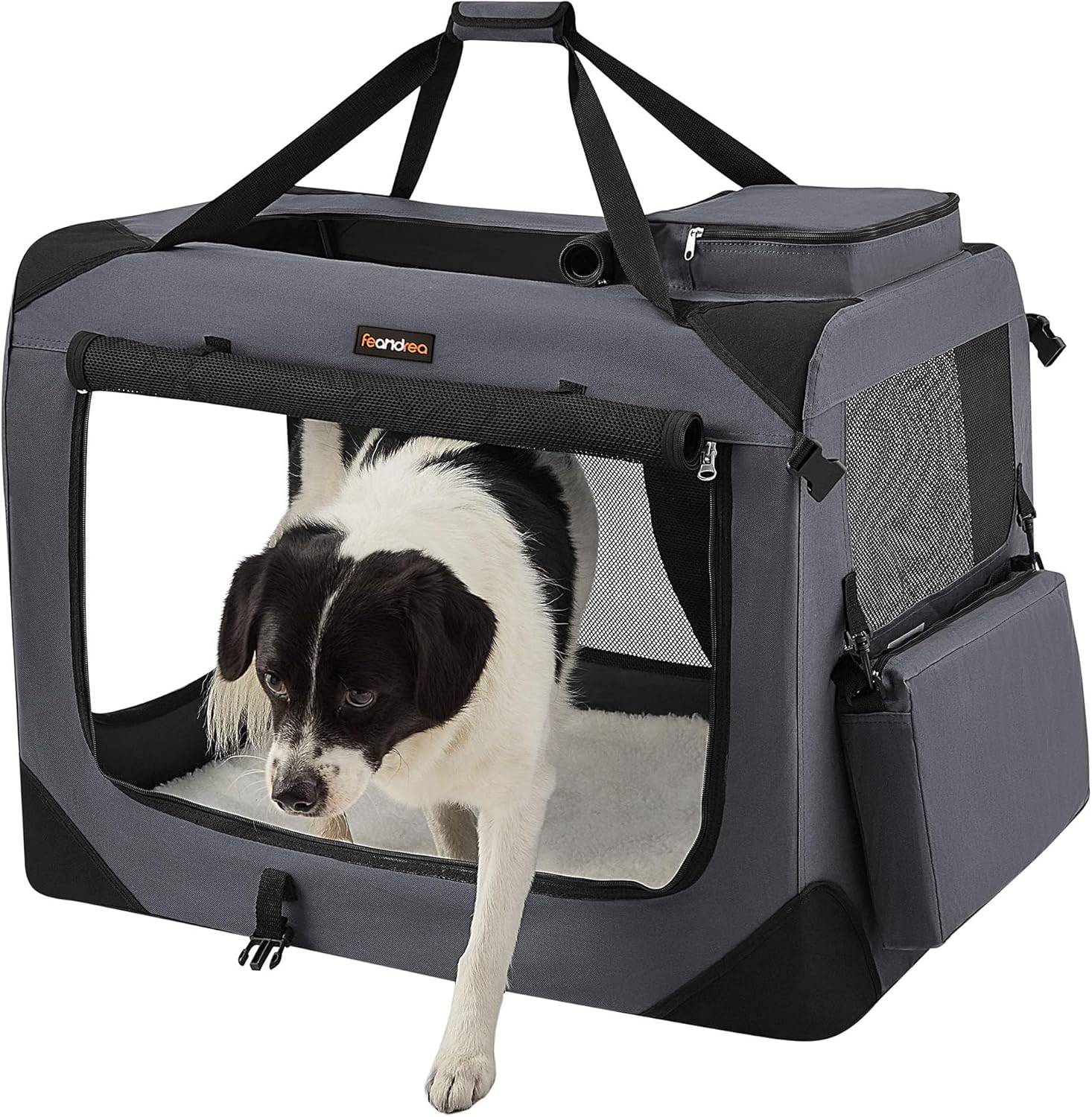 Bild von Feandrea Hundebox faltbar, Transportbox Hund, XL, Hundetasche, Oxford-Gewebe, Netzstoff, atmungsaktiv tragbar transportabel, Metallrahmen, mit Griffen, Taschen, 81 x 58 x 58 cm, grau PDC008G01