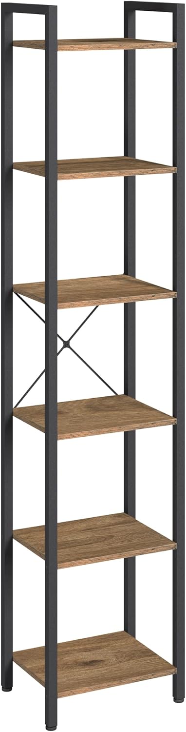 Bild von VASAGLE Regal, Bücherregal, Standregal, Aufbewahrungsregal 6 Ebenen, offene Ablagen, Industrie-Design, für Wohnzimmer Büro Arbeitszimmer Flur, Stahlgestell, dunkelwalnussfarben-tintenschwarz LLS101B48