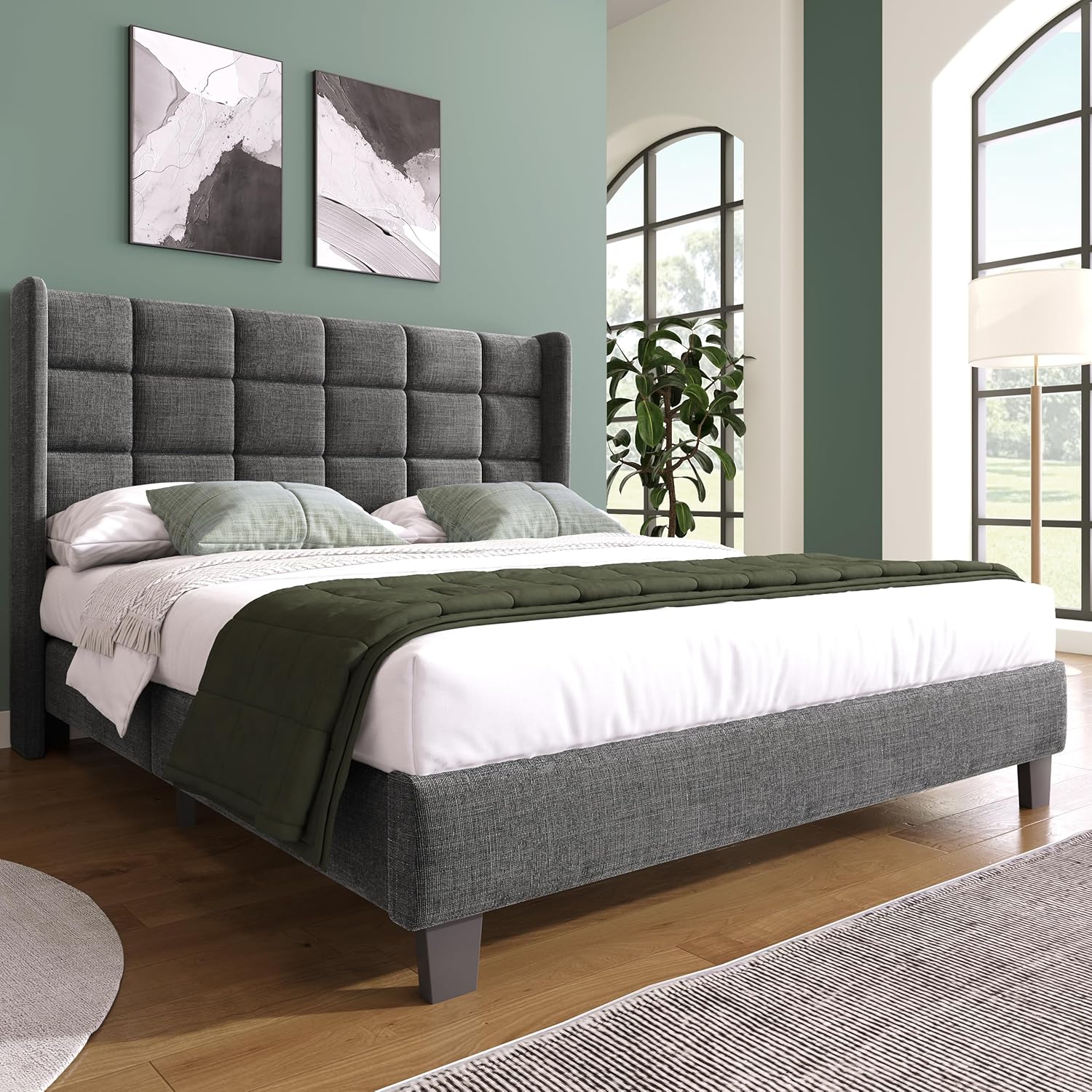 Bild von Polsterbetten 140x200 mit Lattenrost Rückenlehne，Hautfreundliche Leinenmaterial, Grau, Bett Einzelbett Jugendbett(Ohne Matratze)
