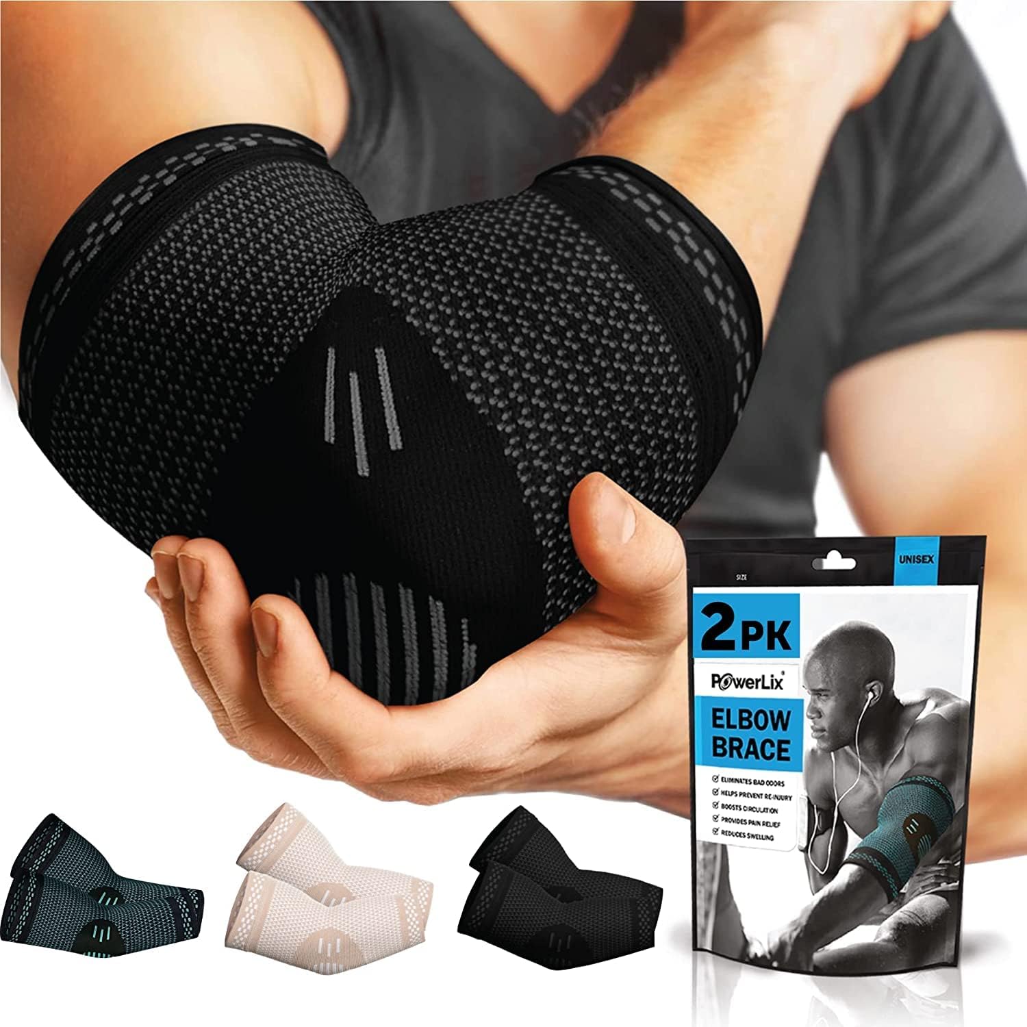 Bild von POWERLIX Ellenbogenbandage 2 Stücke, Kompression Ellenbogen Bandage für Damen & Herren, für Tennisarm, Golferarm, Sport, Arthritis, Sehnenentzündung, Gelenkschmerzen, Schwarz, L