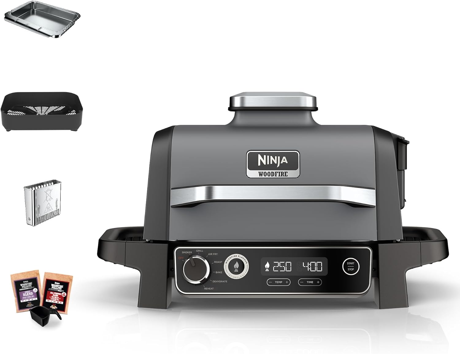 Bild von Ninja Woodfire Elektrogrill, Camping-Grill mit Smoker-& Heißluftfritteuse, 7-in-1-Outdoor Grill, räuchern, braten, backen, wetterfest, antihaftbeschichtet, tragbar, Grau/Schwarz OG701EU