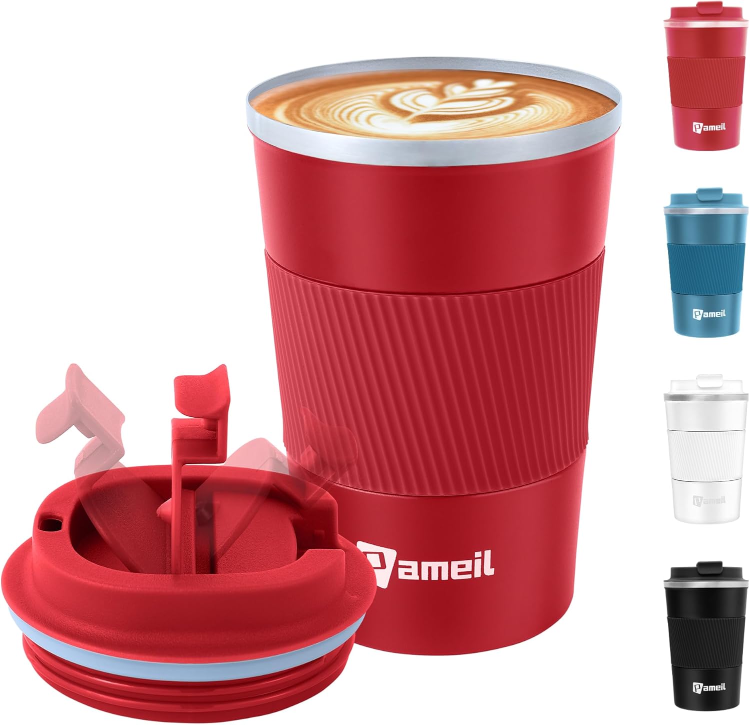 Bild von Pameil Thermobecher Kaffeebecher to go 380ml Edelstahl Kaffee-to-go Becher Thermo, Vakuum auslaufsicher Isolierbecher mit Deckel, Autobecher doppelwandig isoliert coffee to go becher (Rot, 1)