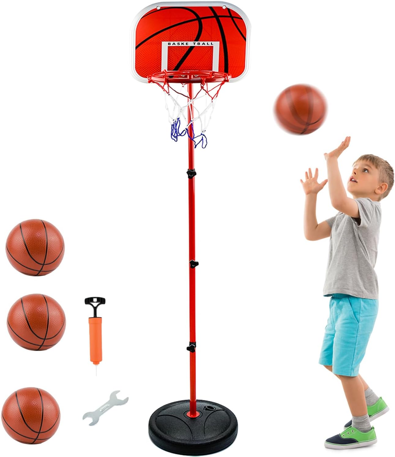 Bild von Basketballkorb und Stand Kinder, AolKee Tragbarer 50CM-150cm Mini Basketballkorb Kinder, Verstellbarer Basketballkorb Indoor Outdoor, mit 3 Ball, Netz, Pumpe