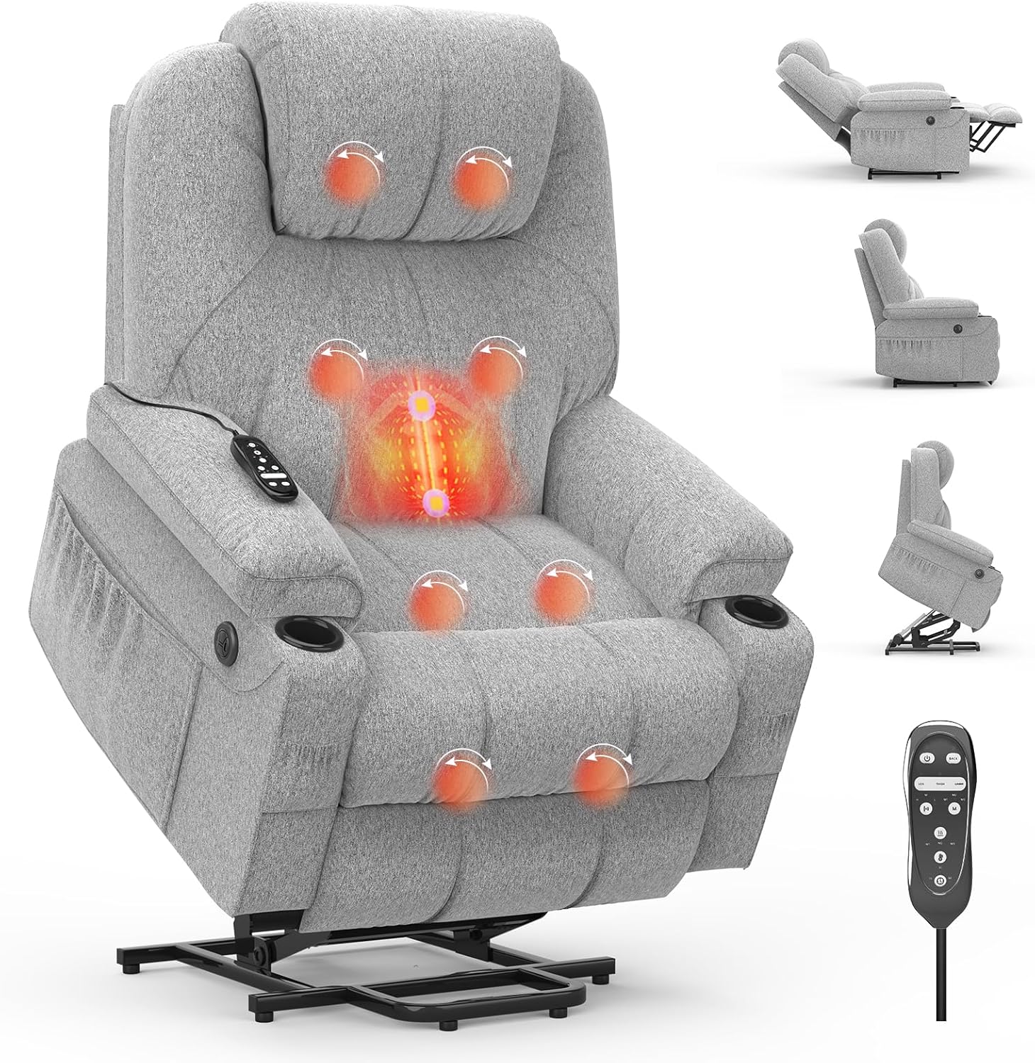 Bild von BareTay Relaxsessel für ältere Menschen, Power-Liegestuhl mit Massage und Wärme, verlängerte Fußstütze, Typ C + USB-Anschlüsse, 2 Getränkehalter, zwei Seitentaschen, Liegestühle, Loungesofa