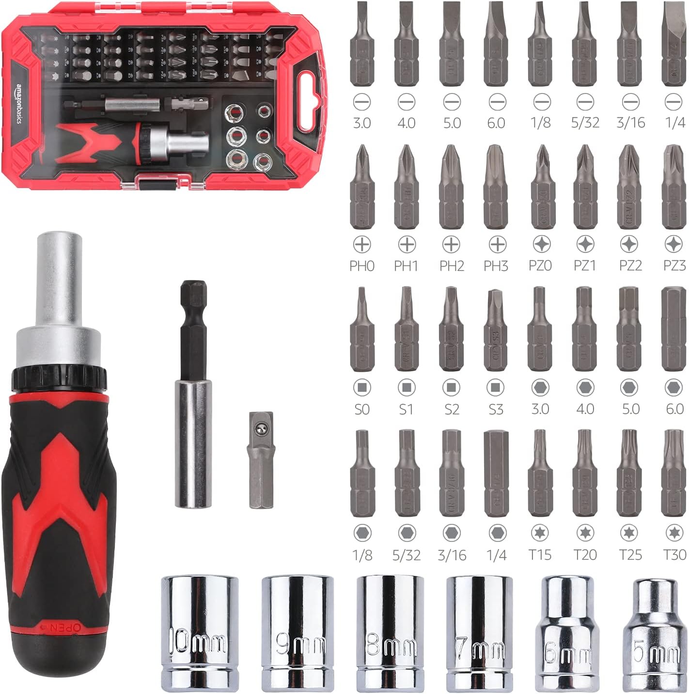 Bild von Amazon Basics – Magnetisches Ratschen-Schraubendreher-Set, 41-teilig, Silberfarben