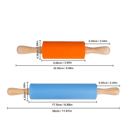 Bild von Silikon-Teigroller Antihaft-Oberfläche Nudelholz Mittel- und Minigröße Holzgriff Nudelhölzer für Backen Pizza Kekse 2 Stück (Blau & Orange)