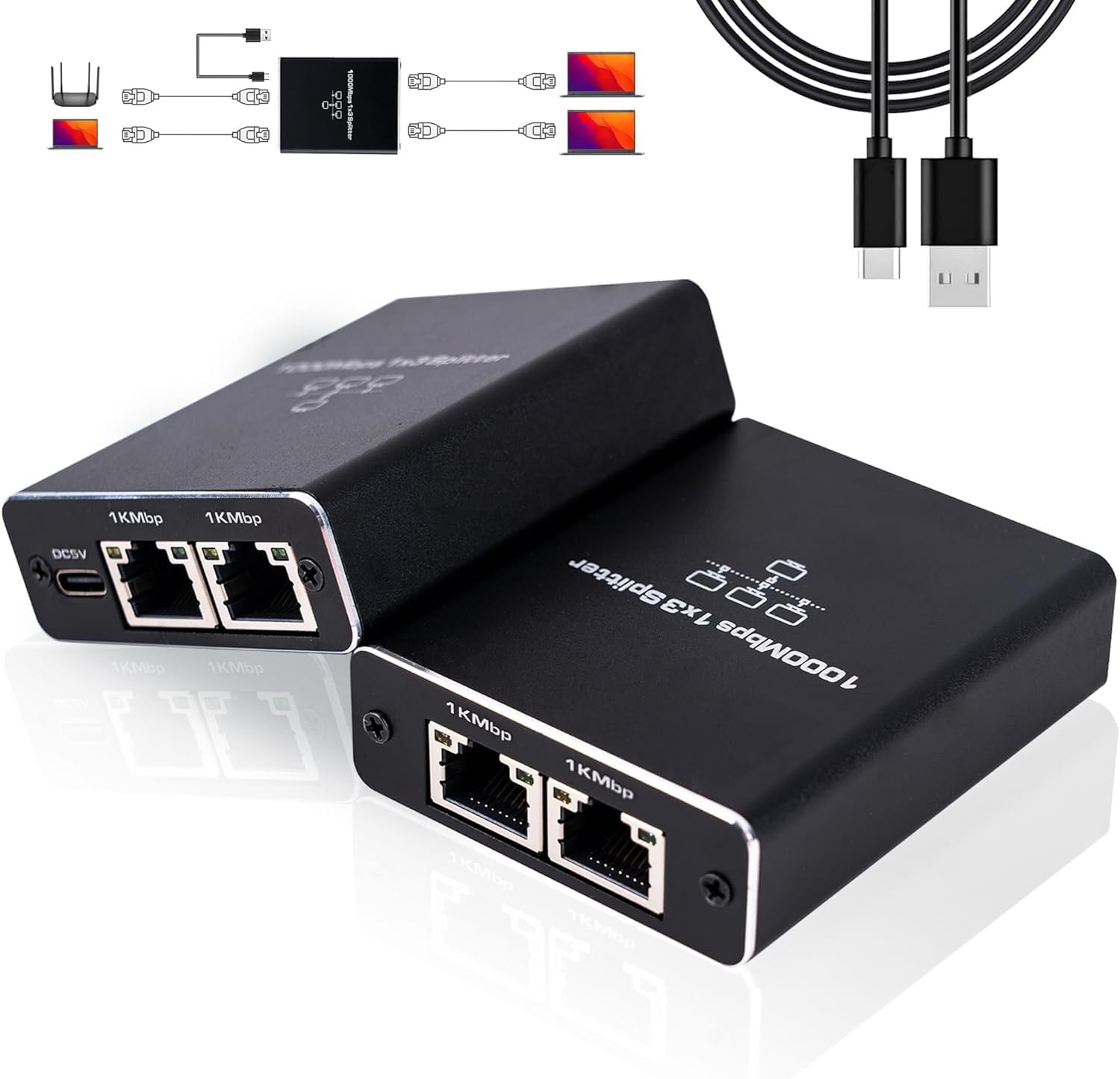 Bild von LAN Splitter 1 bis 3, 1000 Mbit/s Hochgeschwindigkeits Netzwerk Switch, LAN Kabel Splitter mit USB C Stromkabel für Computer, Hubs, Switches, Router usw.