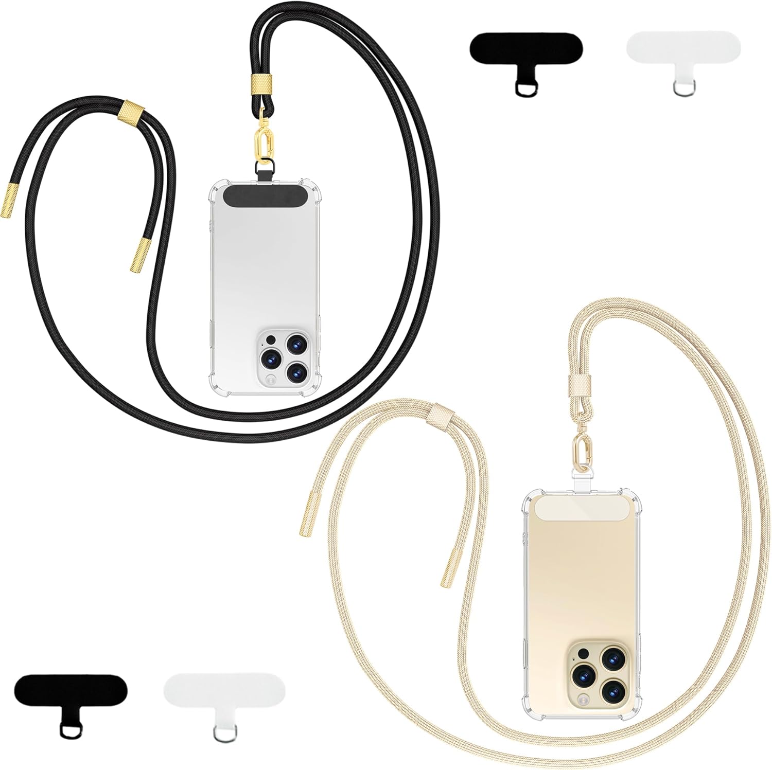 Bild von Qyoocom Handykette Universal für alle Smartphones,2 Stück Schlüsselband Kette zum Umhängen mit 4 Universelles Pad,Einstellbar und Abnehmbar. (Schwarz+Gold)