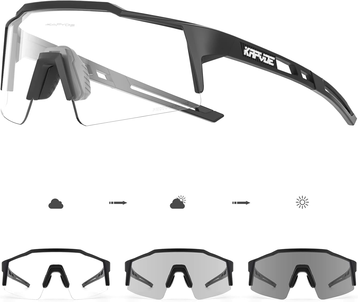 Bild von KAPVOE Photochromatische Selbsttönend Fahrradbrille TR90 Rahmen für Herren Damen Klar Sportsonnenbrille Sport Radfahren MTB Radbrille Fahren Sportbrille Baseball Laufen klar Schwarz 01