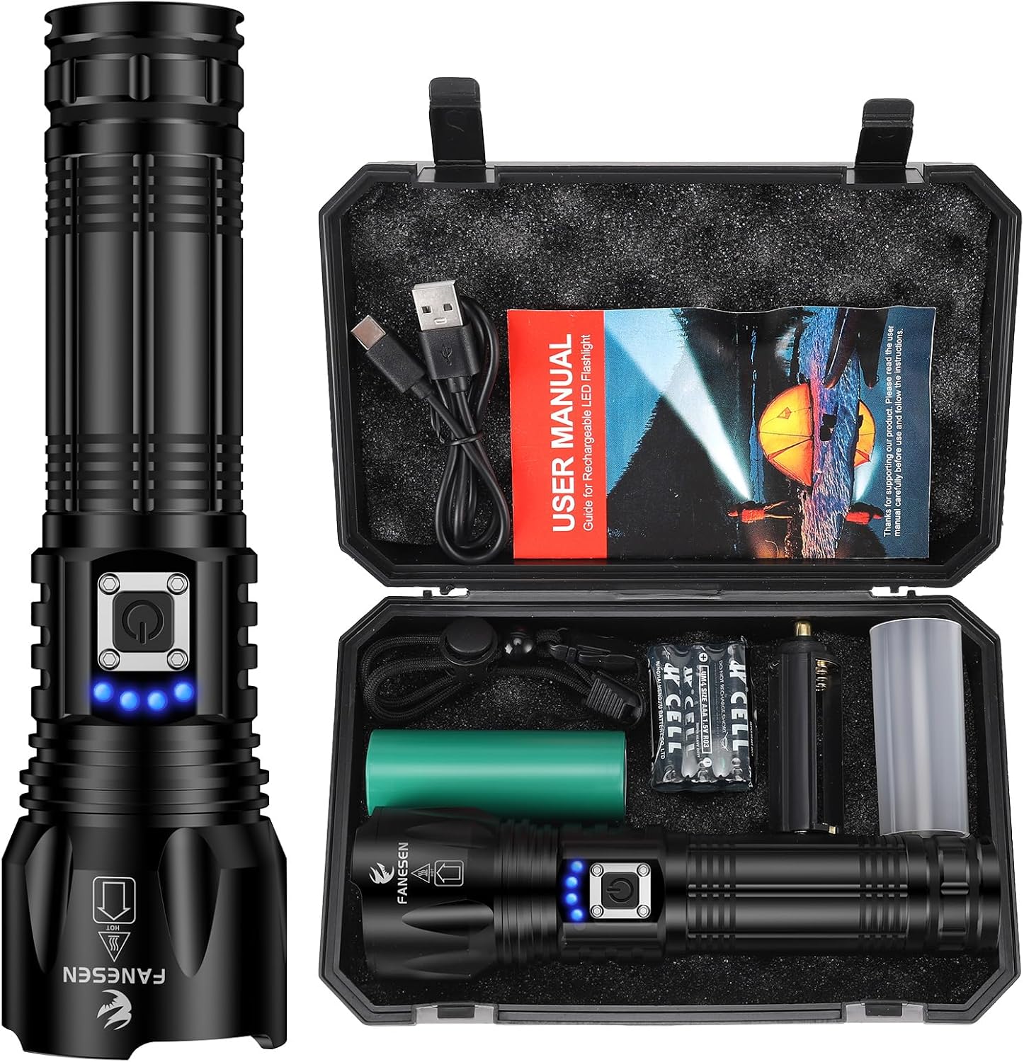 Bild von Fanesen Taschenlampe LED Aufladbar, 500000 Lumen Extrem Hell Zoombar Taktische Taschenlampen USB Aufladbar, XHP70.2 Flashlight 5 Lichtmodi und IP67 Wasserdicht für Camping, Wandern, Notfall
