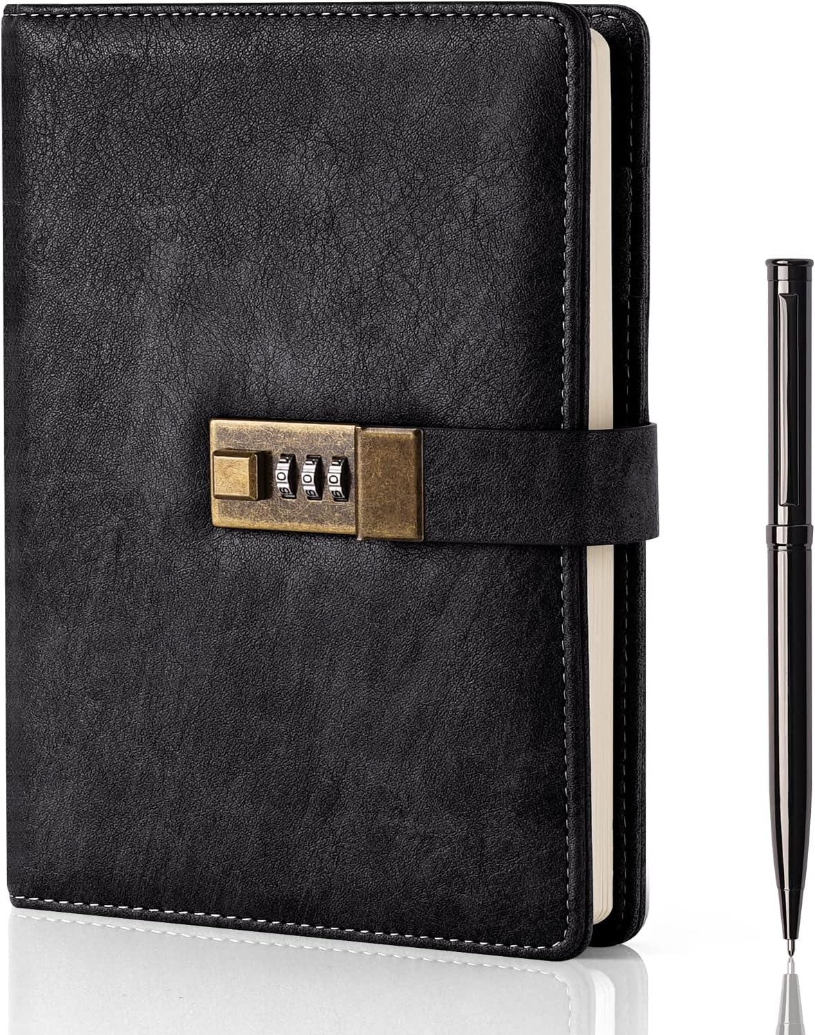 Bild von WEMATE Tagebuch mit Schloss, A5 PU Leder Journal mit Schloss 240 Seiten, Vintage Lock Journal mit Stift & Geschenkbox, abschließbares Tagebuch für Frauen & Männer, 8.6x5.8in (Schwarz)