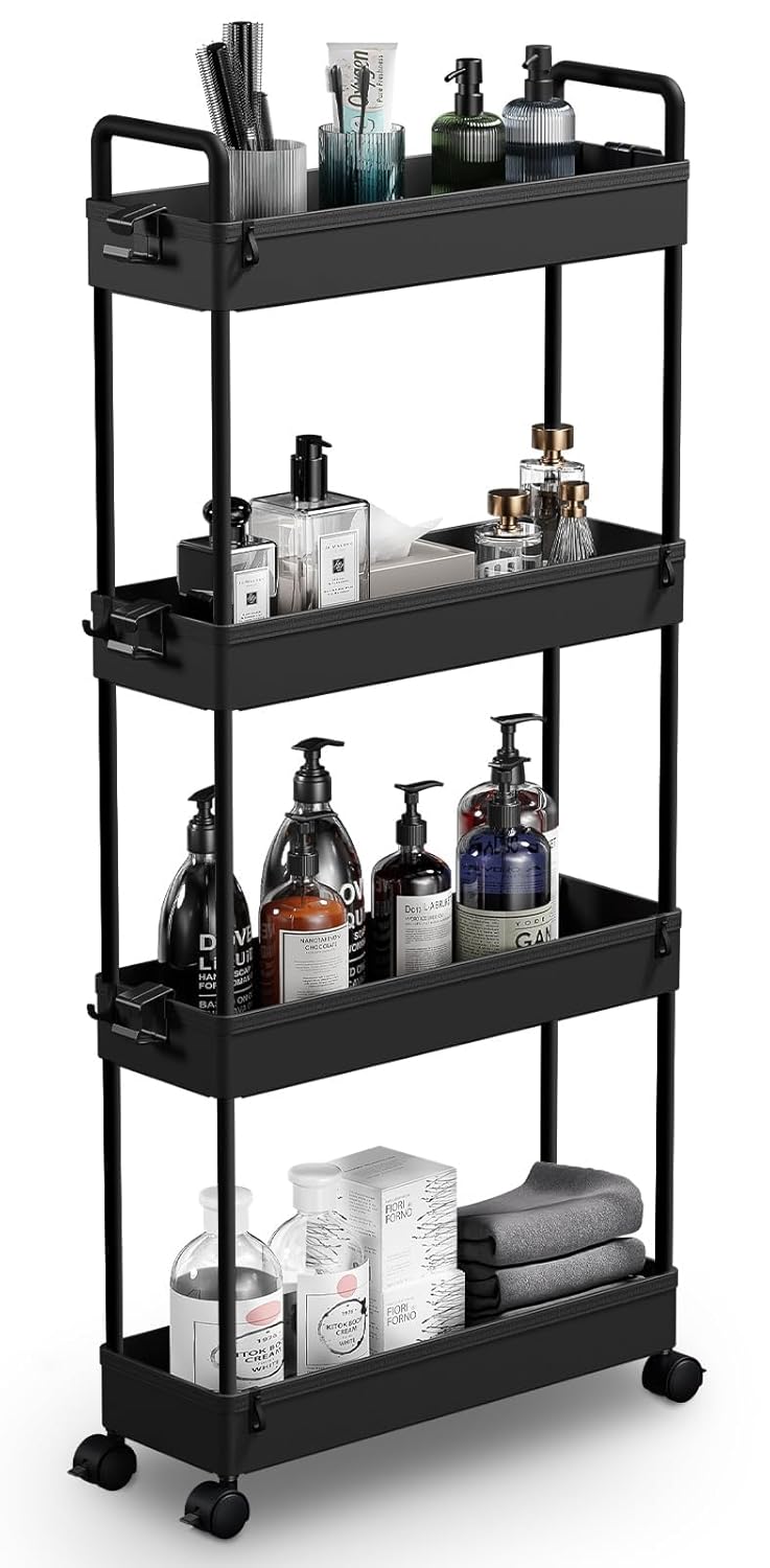 Bild von SOLEJAZZ Rollwagen mit 4 Ebenen, Schmale Rollwagen Nischenregal auf Rollen für Küche, Bad, Waschküche, Schlafzimmer, schmale Plätze, Kunststoff,mit Griffen, 13 x 40 x 86.3 cm,Schwarz