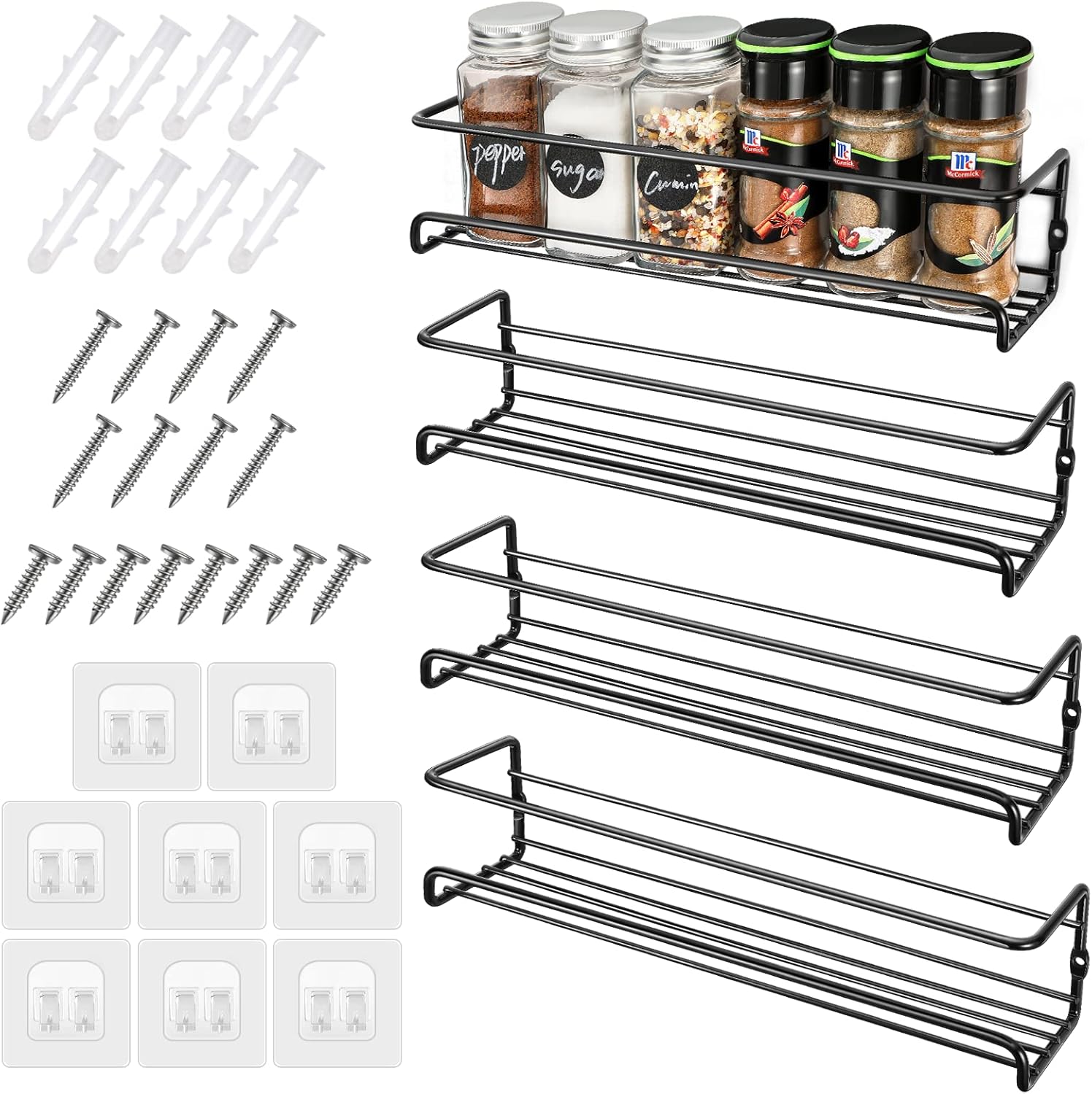 Bild von Miiepls 4er Set Gewürzregal, Gewürzregal Wand Metall Ohne Bohren mit 8 Selbstklebende Haken und Schrauben, Spice Rack für Küche Schranktür, Schwarz - 29×6,8×6,5CM