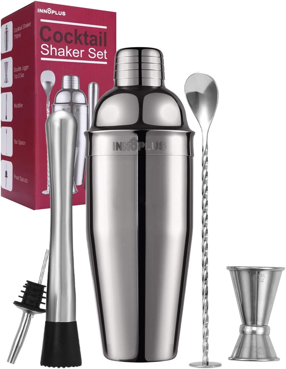 Bild von Cocktail Shaker, Cocktailset, Cocktail Set 750ml Barkeeper, Cocktail Shakers Barzubehör Edelstah 5 Teiliges, Martini Mixer Ausgießer, Alkoholausgieße, Barlöffel, Stößel, Jigger, Weihnachten Geschenk