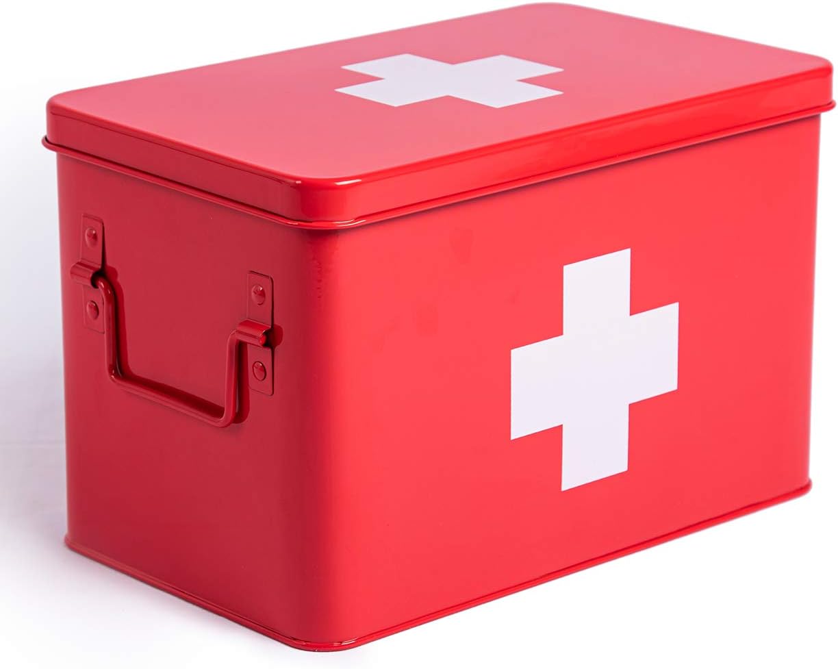 Bild von Theo&Cleo Medizin Box Metall, Erste Hilfe Kasten Koffer Schrank, Arzneischrank Medizinkoffer Retro, Medizinschränke Groß XXL, 32 * 19 * 20 cm Rot