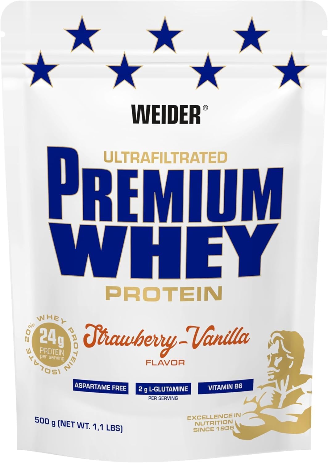 Bild von Weider Premium Whey Protein Pulver, unverschämt leckeres Eiweißpulver mit Whey Isolat für Muskelaufbau mit hohem Anteil an EAA, BCAA und freiem L-Glutamin, perfekte Löslichkeit, Erdbeer-Vanilla, 500g