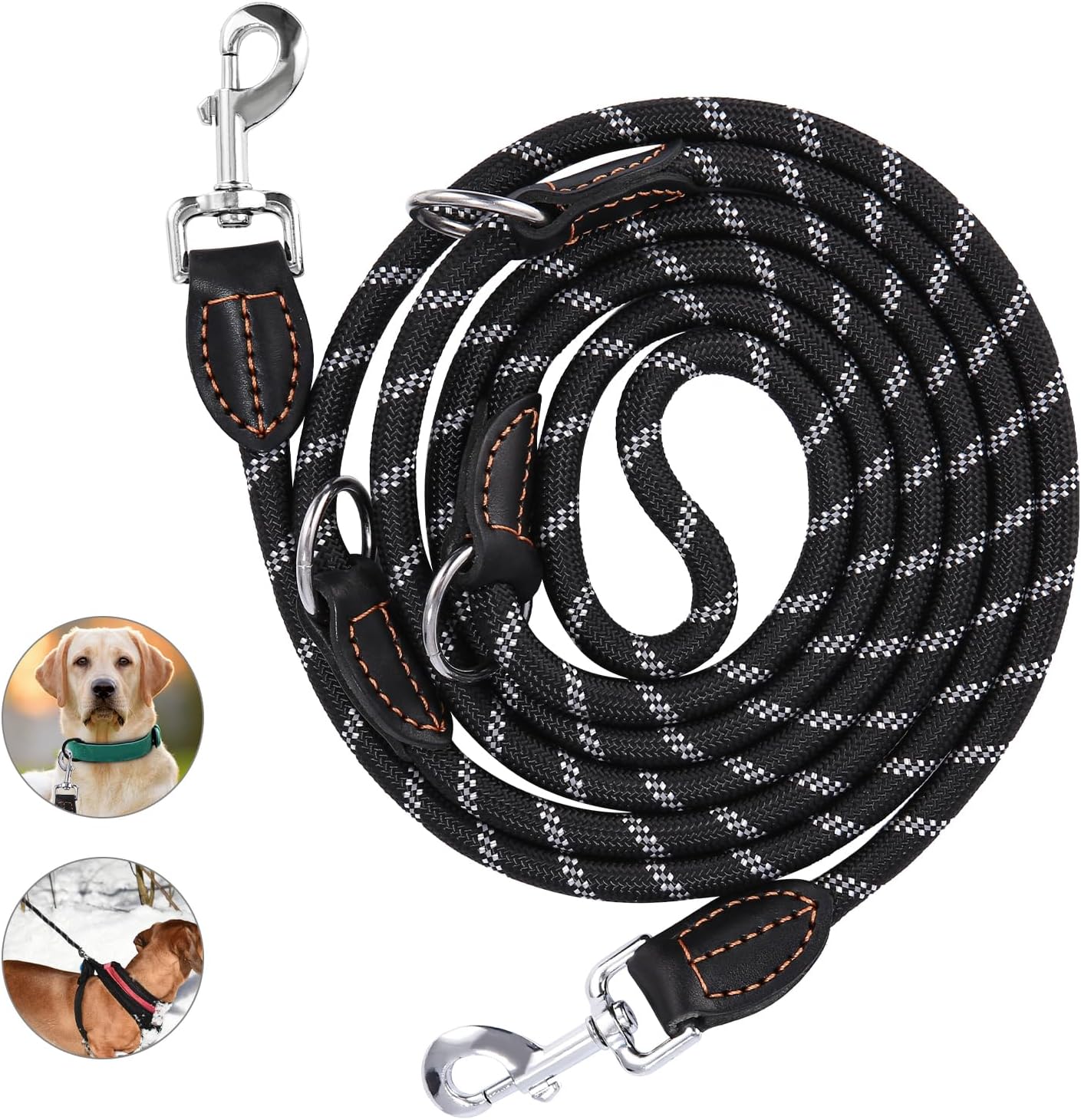 Bild von Hundeleine für Große & Mittelgroße Hund, Verstellbare Doppelleine aus Nylon mit 2 Karabinerhaken und 3 Ringen, Hundeleine 3m Verstellbar, Dog Lead Multifunktionale Hundeleine, Schwarz