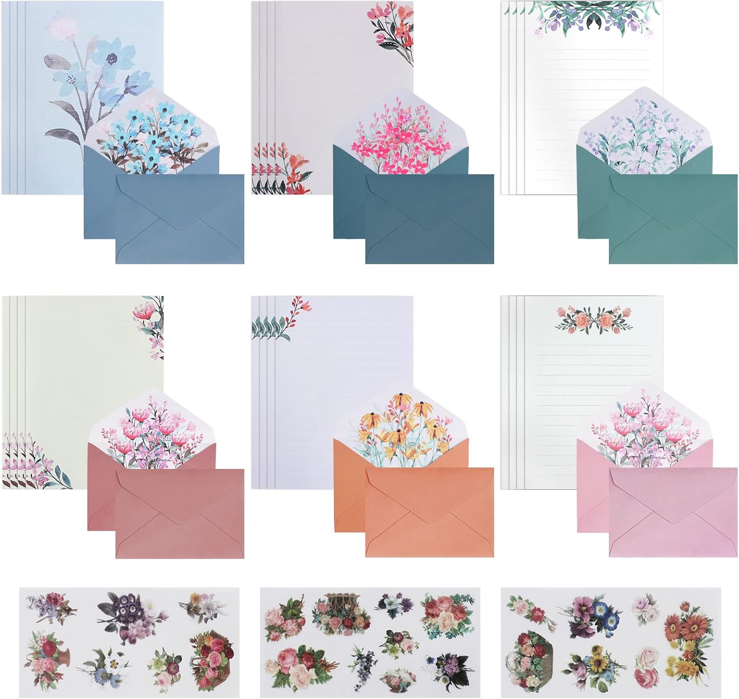 Bild von Briefpapier Briefumschlag Set, 24 Briefbögen und 12 Umschläge, Vintage Floral Briefpapier und Aufkleber, Briefbögen und Umschläge für Einladungen (6 Styles)