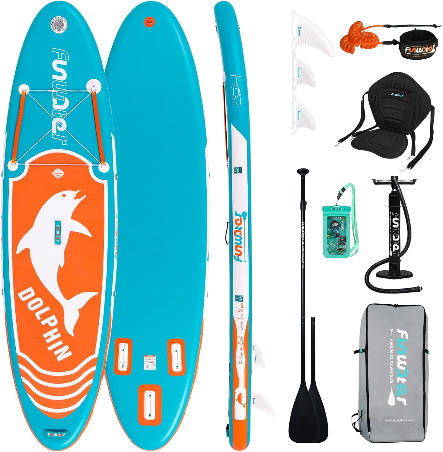 Bild von FunWater Aufblasbares Stand Up Paddle Board Surfbrett SUP Komplettes Paddleboard Zubehör Verstellbares Paddel, Pumpe, Reiserucksack, Leine, wasserdichte Tasche, Erwachsene Paddelboard