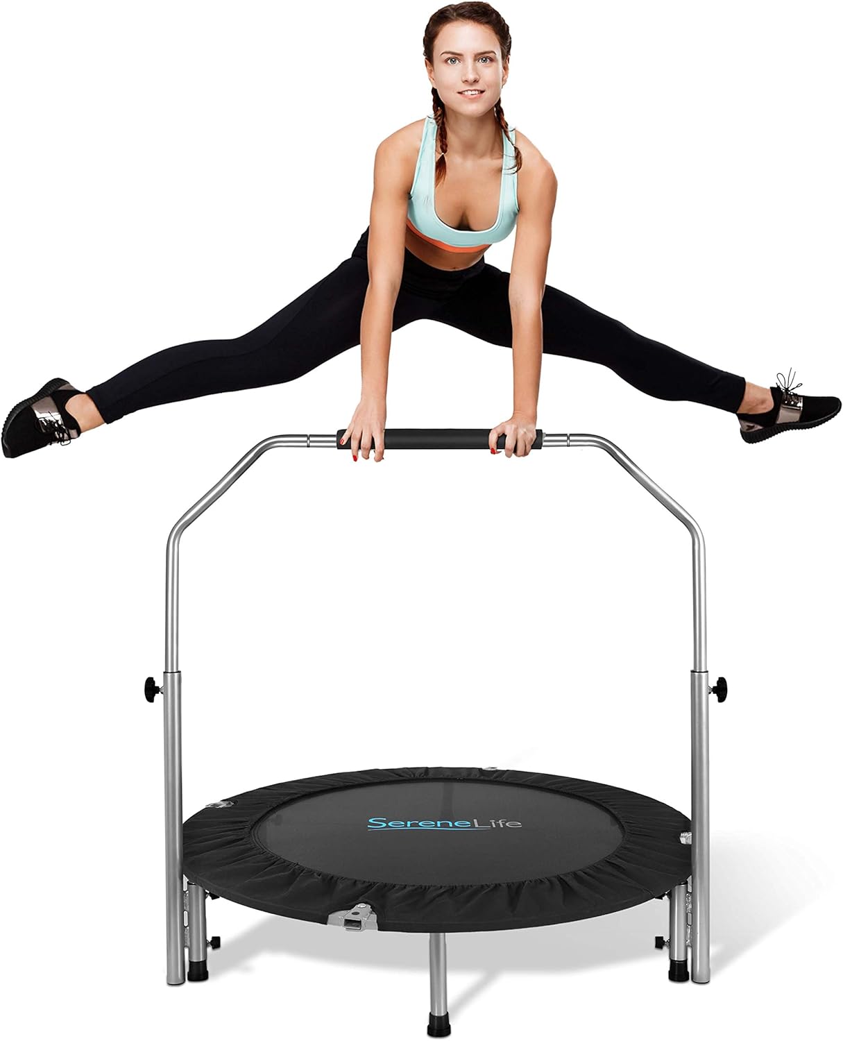 Bild von SereneLife SLSPT438 Tragbares Fitness-Rebounder, 76,2 cm, Jumping-Aerobic-Workout, Mini-Trampolin für Erwachsene, mit verstellbarem Lenker, Feder, faltbares Übungstrampolin bis zu 100 kg