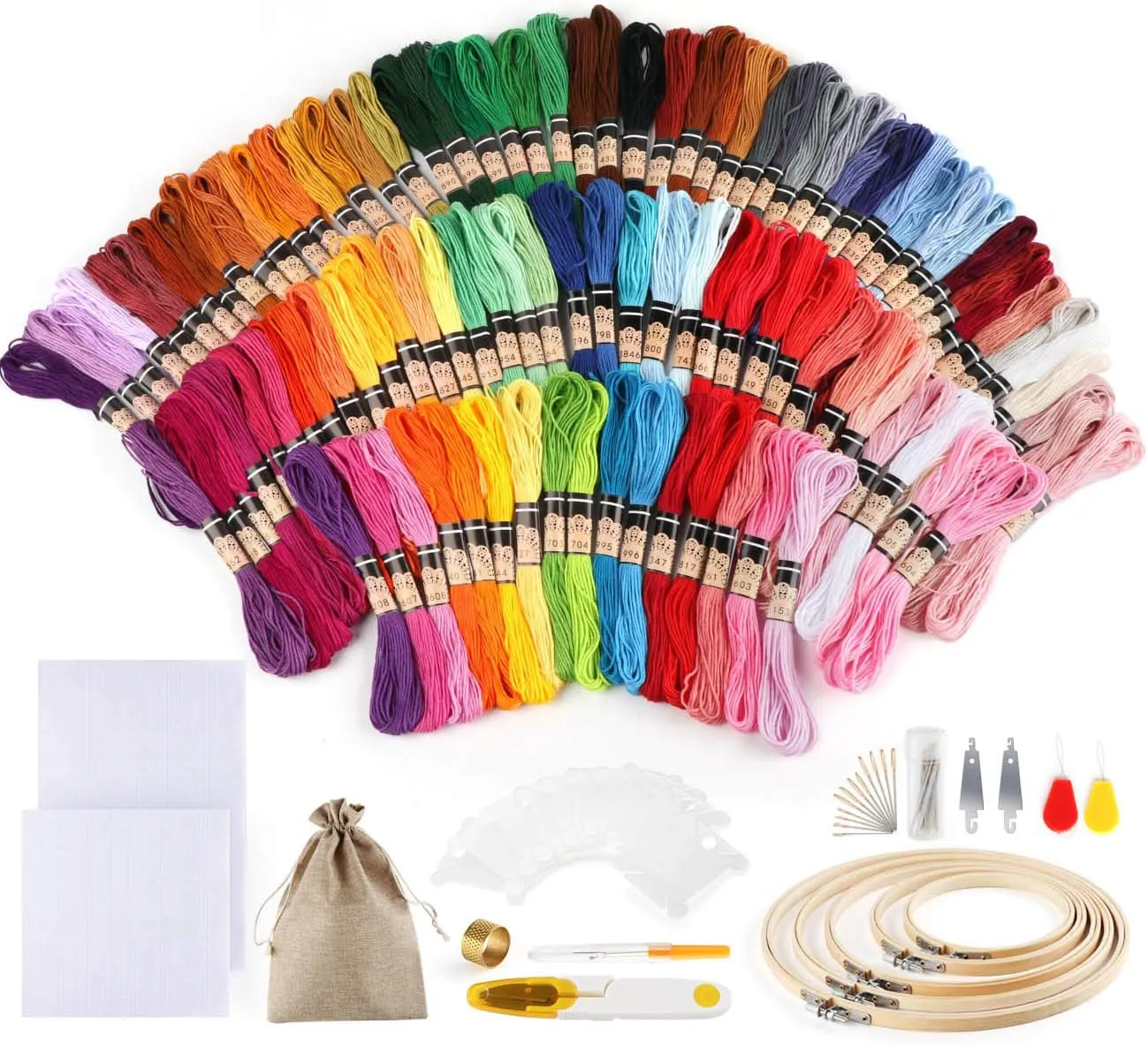 Bild von 100 Farben Stickerei Set mit Kreuzstich Starter Kit, 5 Bambus Stickrahmen, 2 Tücher und Nadeln