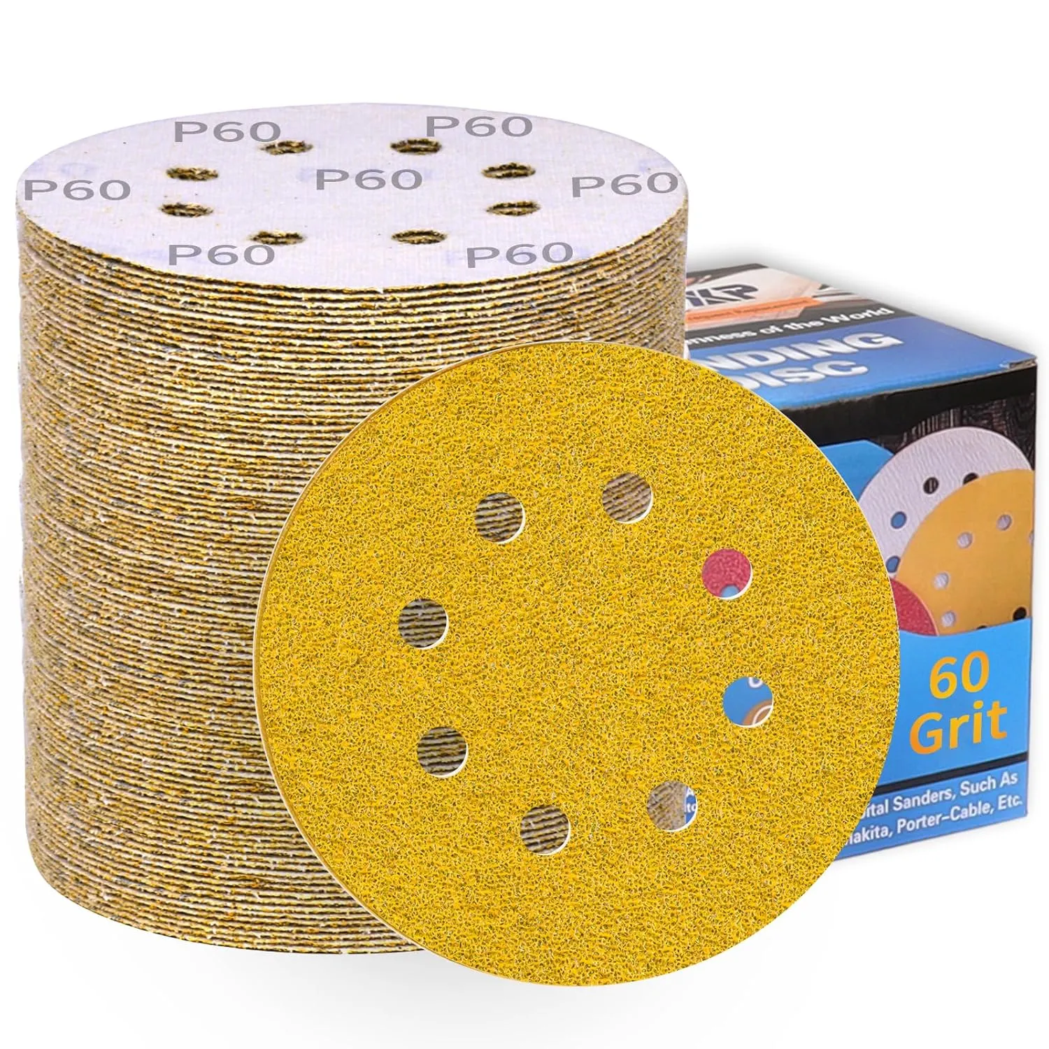 Bild von 100 Stück Schleifpapier 125 mm Klett mit 60er Körnung für Exzenterschleifer, 8 Loch, geeignet für Holz, Metall, Entrosten und Farbe