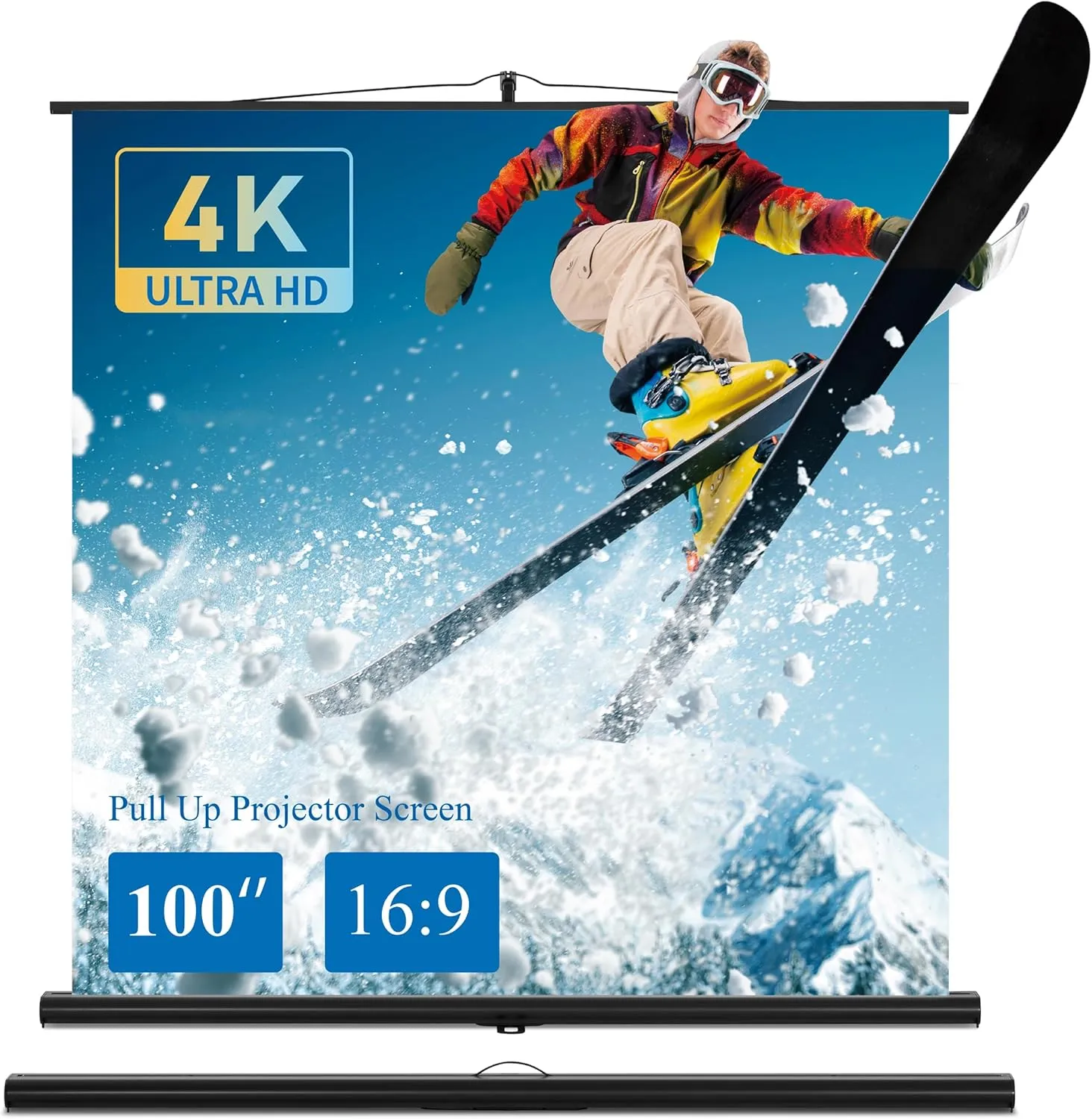 Bild von 100 Zoll Beamer Leinwand mit Ständer für Heimkino und Außenbereich, tragbar und hochziehbar, geeignet für Ultrakurzdistanz-Projektion