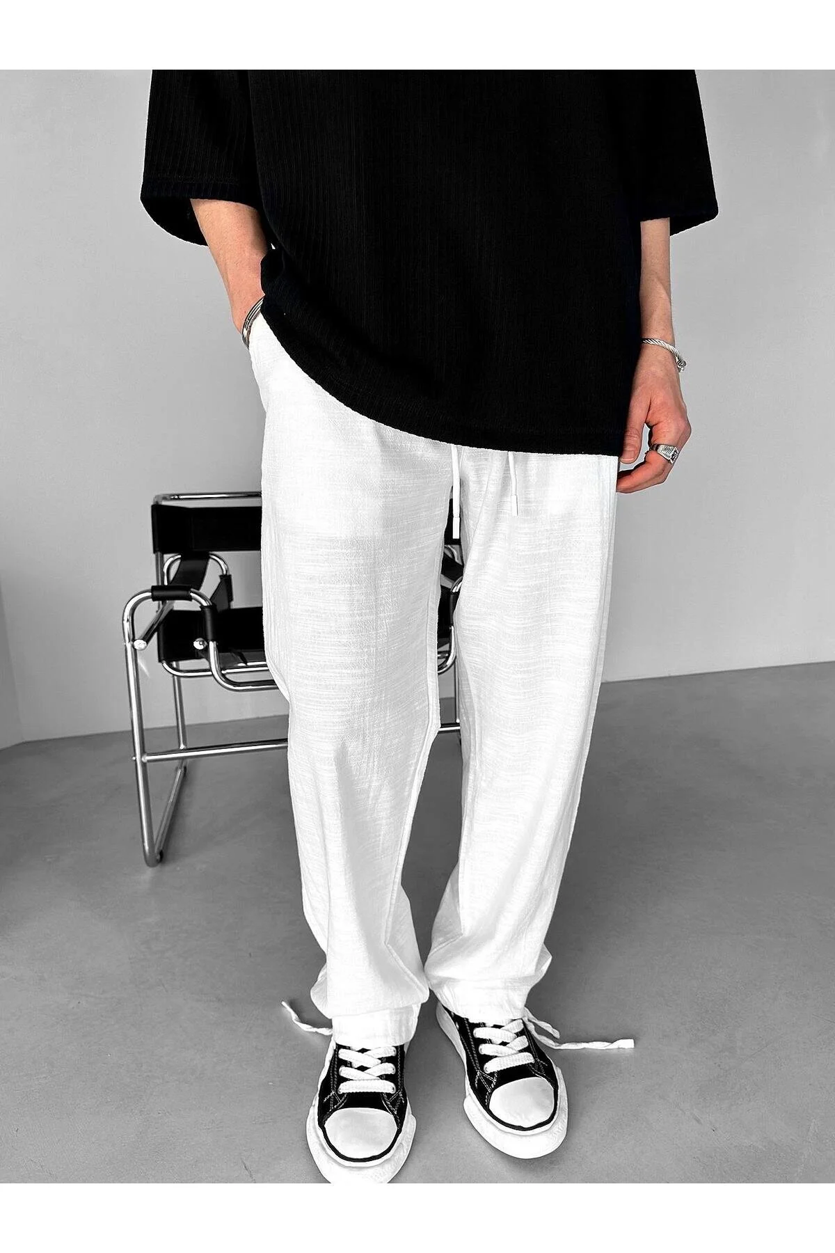 Bild von ablukaonline Sommerhose Mit Elastischem Bund, Bequeme Passform, Flexible Baumwoll-leinen-hose, Weiß für Herren - S