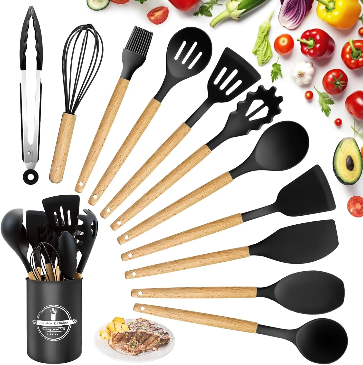Bild von 12-teiliges Silikon Küchenhelfer Set mit hitzebeständigen und antihaftbeschichteten Utensilien sowie Holzgriffen und Utensilienhalter