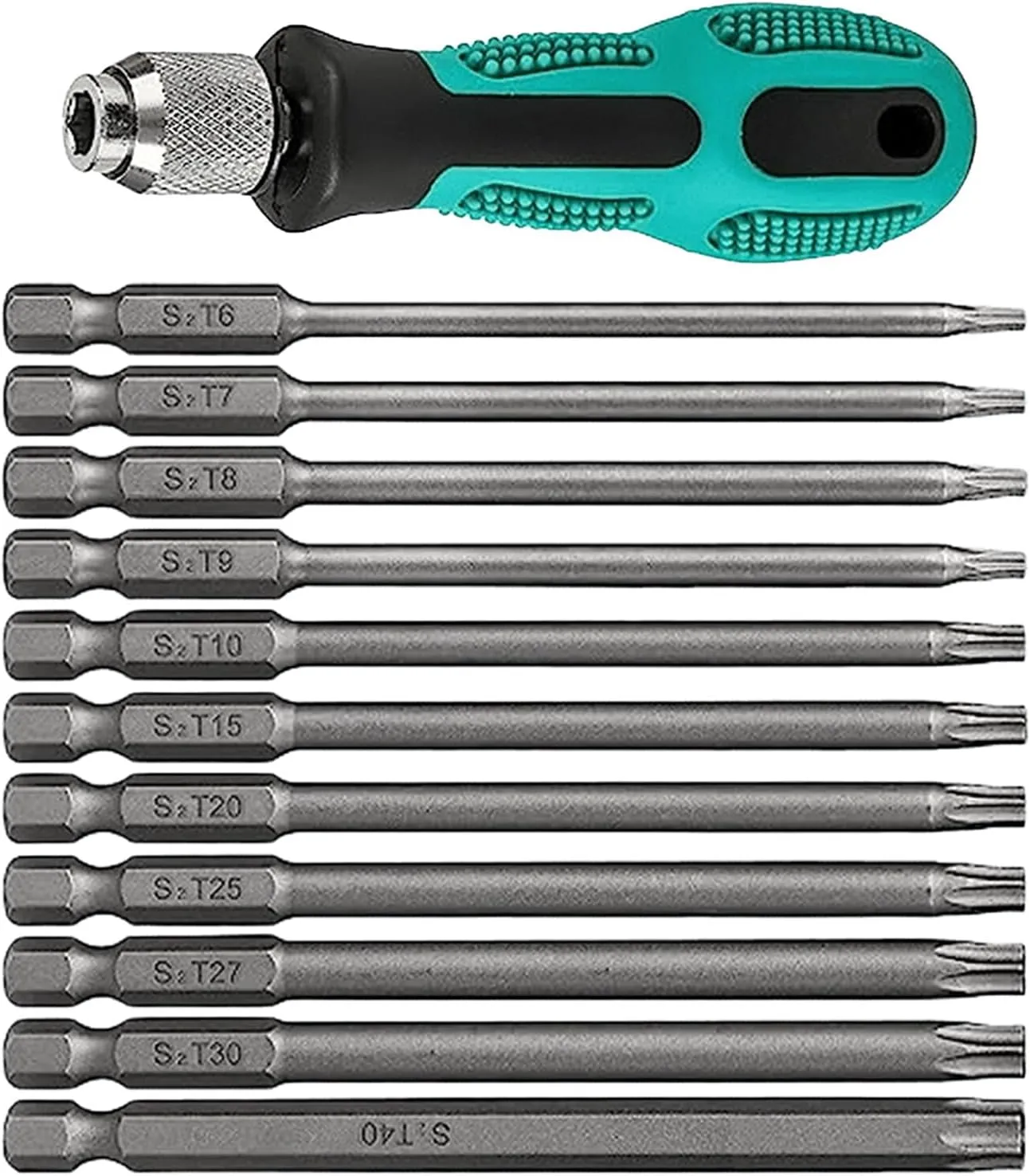 Bild von 12-teiliges Torx Schraubendreher Set von T6 bis T40 mit 100 mm langen Bits aus S2 Stahl und magnetischen Aufsätzen für Akkuschrauber