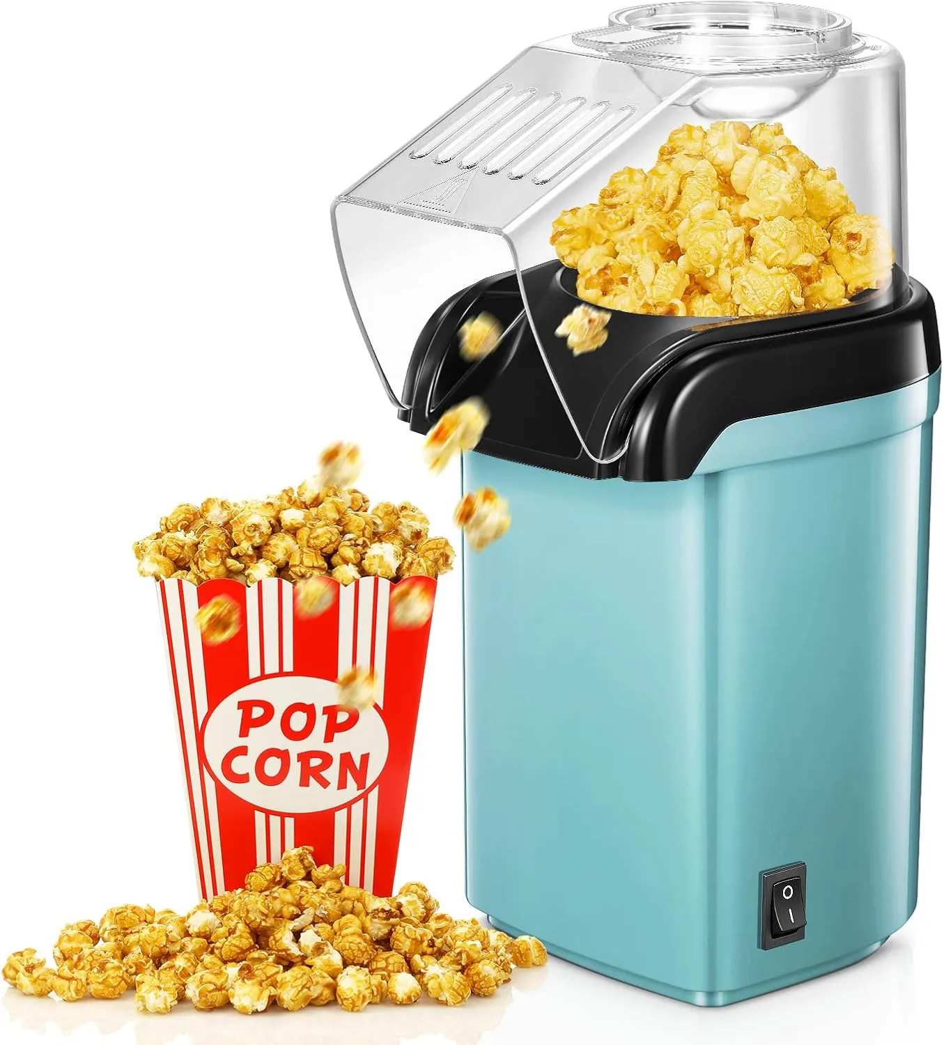 Bild von 1200 Watt Mini Popcornmaschine in Grün mit Heißlufttechnik und Mais-Messlöffel für fettfreies Popcorn in nur 2 Minuten