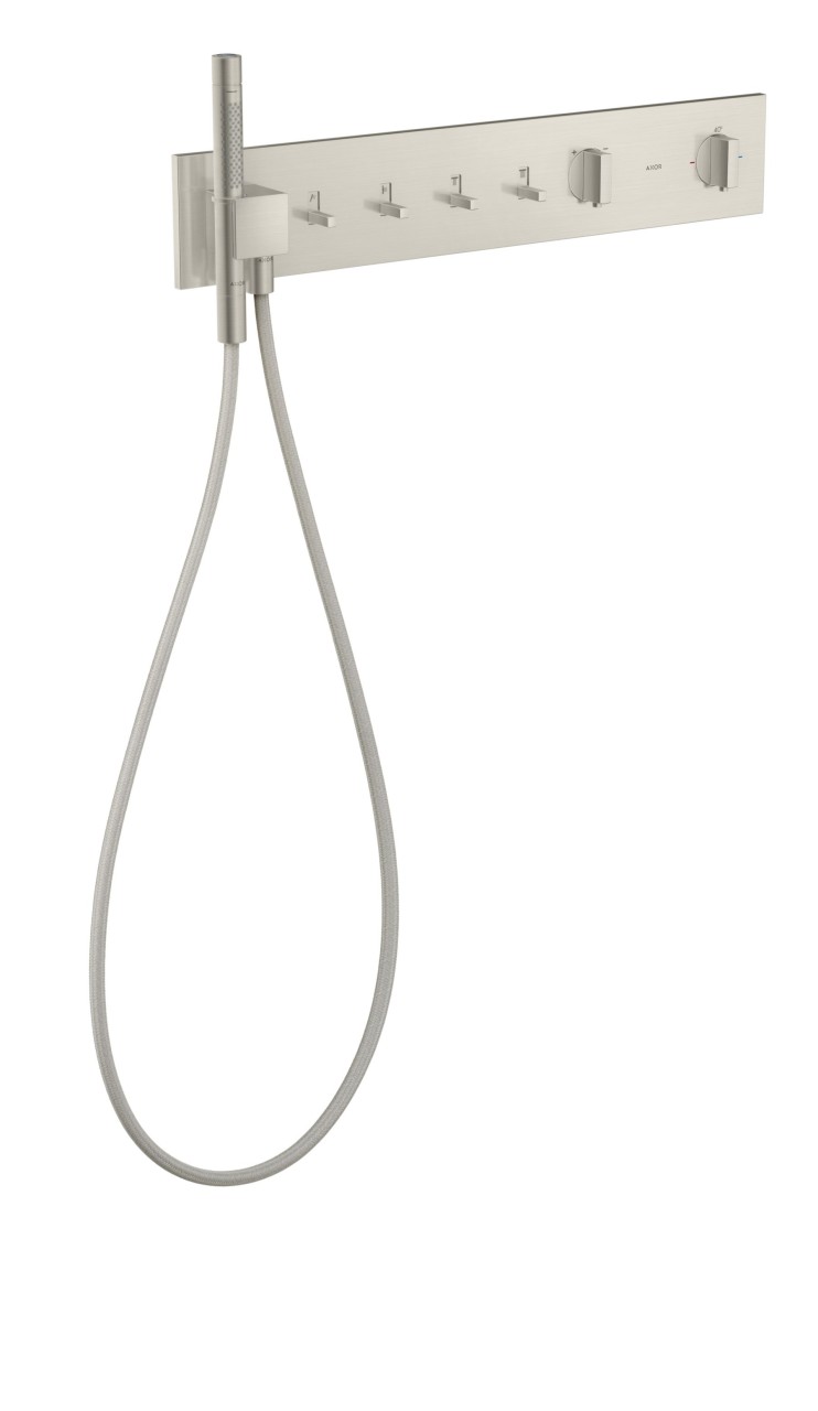 Bild von hansgrohe AXOR ShowerComposition	1 x Thermostatmodul 610/110 SelectProduktdetails:	Unterputz für Wandmontage	Thermostatmodul, Brausehalter,	sowie Stabhandbrause und Textilbrauseschlauch	für 4 Verbraucher	gleichzeitige Nutzung von mehreren Verbrauchern möglich	Ein-/Ausschalten des Wasser durch Schiebebewegung des Griffs	Temperatur- und Volumensteuerung	Sicherheitssperre bei 40°C	Temperaturbegrenzung einstellbar	Thermostatkartusche zu Regelung der Temperatur	Start / Stop Ventil zur Bedienung Verbraucher	mit Rückflussverhinderer	Strahlart Handbrause: Rain und Mono	je nach Volumenstrom und Einbausituation	ca. 50% Durchflussreduzierung und integrierte Absperrfunktion	Schlauchmutter: Brauseschläuche mit einer zylindrischen MutterTechnische Daten:	Maße: 610 x 110 mm	max. Durchflussmenge bei 3 bar: 34 l/min.	Durchflussmenge unterer Abgang: 18,9 l/min.	Durchflussmenge bei gleichzeitiger Nutzung aller Verbraucher: 34 l/min.	min. Betriebsdruck: 1 bar	max. Betriebsdruck: 10 bar	Geräuschgruppe: I	Durchflussklasse: B	Anschlussart: Grundkörper für Thermostatmodul Select (Art.Nr.: 18312180)	Grundkörper nicht im Lieferumfang enthalten, bitte separat bestellen.