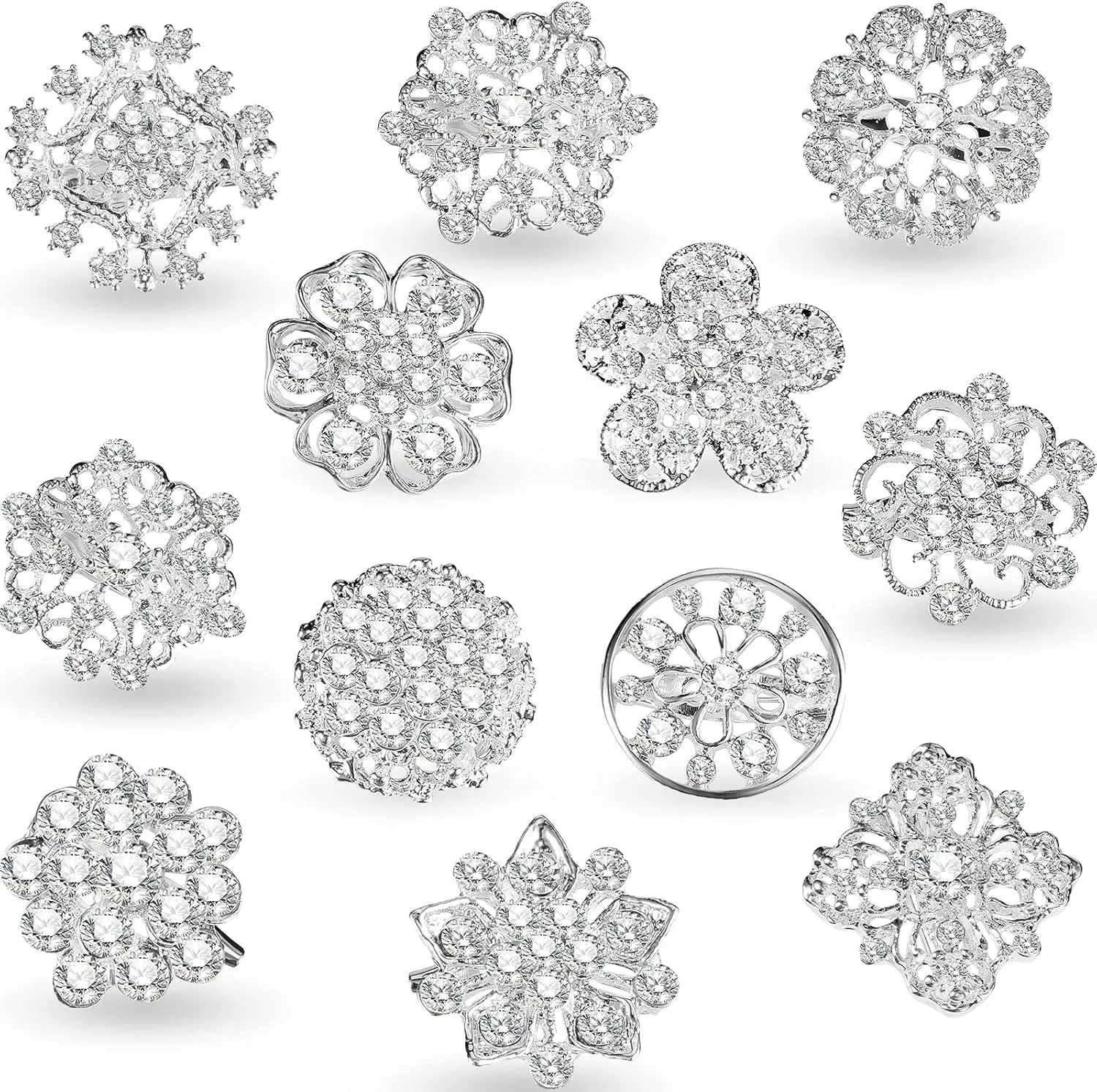 Bild von 12er Set Kristall Knopf Broschen mit Strass für Schals und Blumensträuße in Silber
