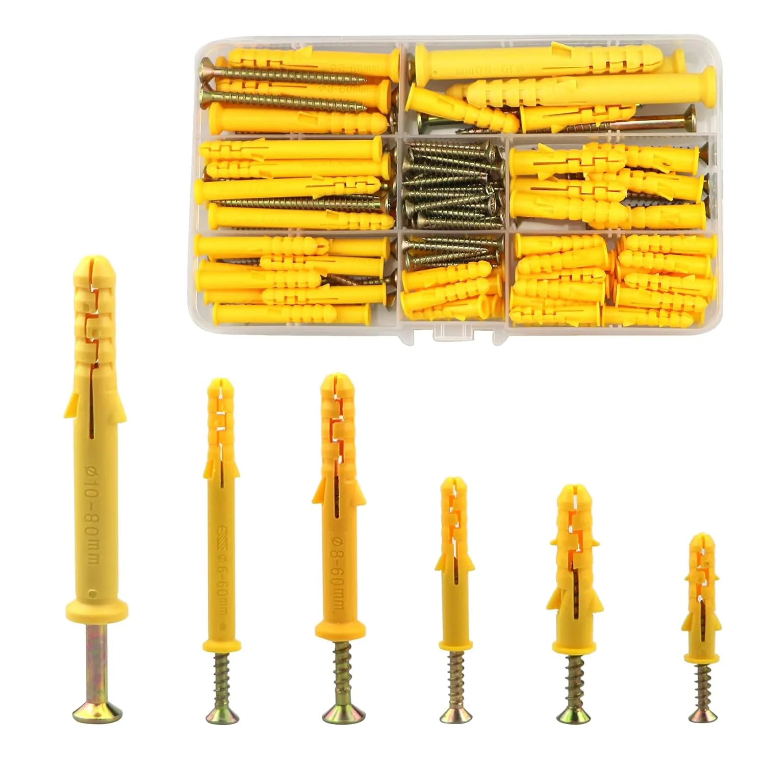 Bild von 150 Stück Dübel und Schrauben Set für Ziegel mit M6, M8 und M10 Größen zur Befestigung von Bildern, Steckdosen und Haken in Längen von 30 bis 80 mm
