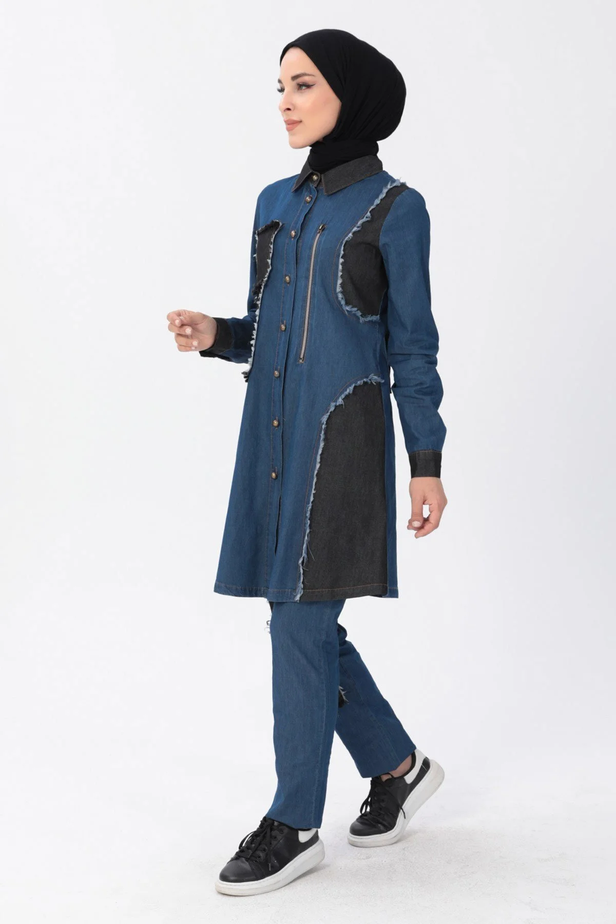 Bild von Modamihram Reißverschluss Detaillierte Hijab-denim-kombination Dark Denim für Damen - 44