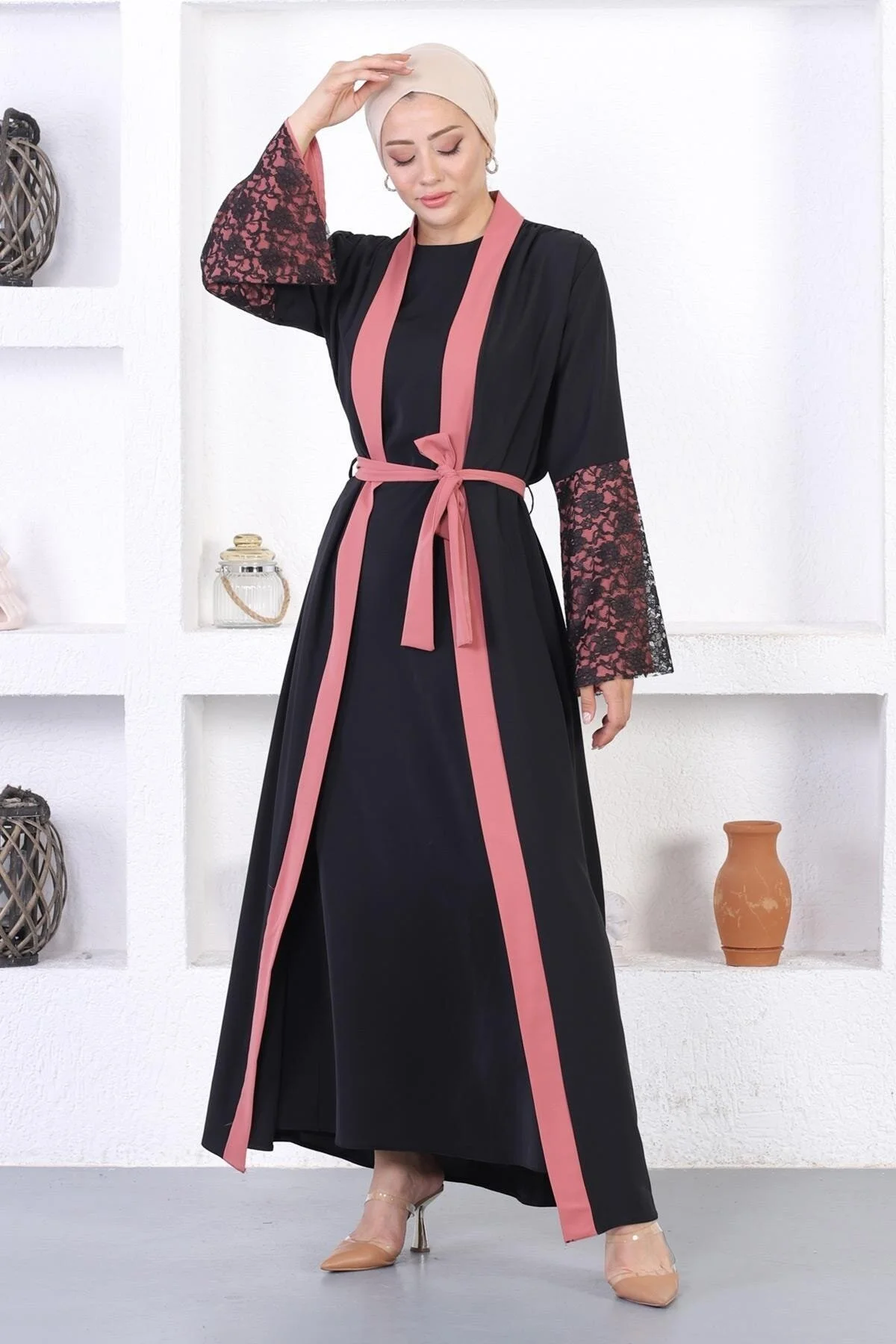Bild von Modamihram Spitzendetaillierte Abaya Dusty Rose für Damen - 44