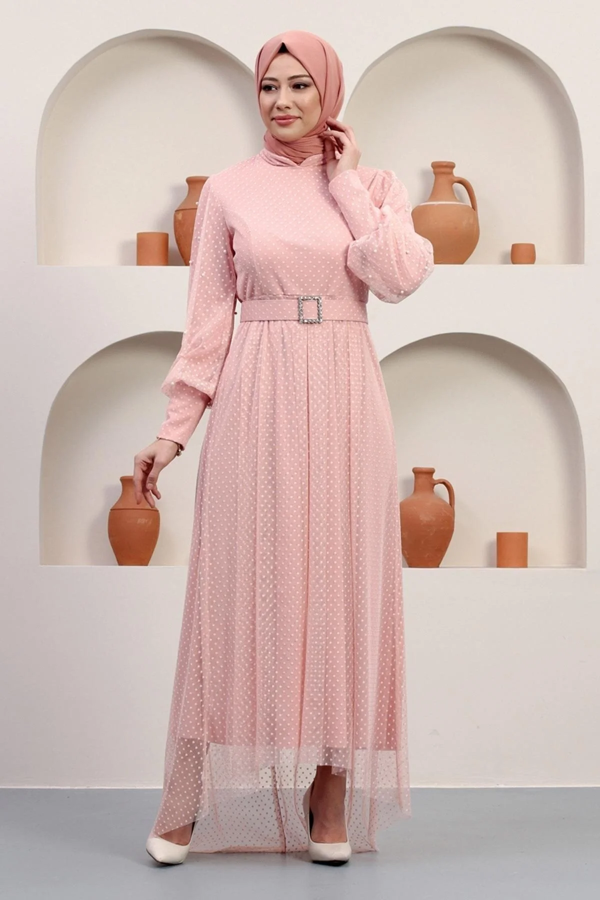 Bild von Modamihram Gürtel Stoned Tüll Abendkleid Puder für Damen - 40