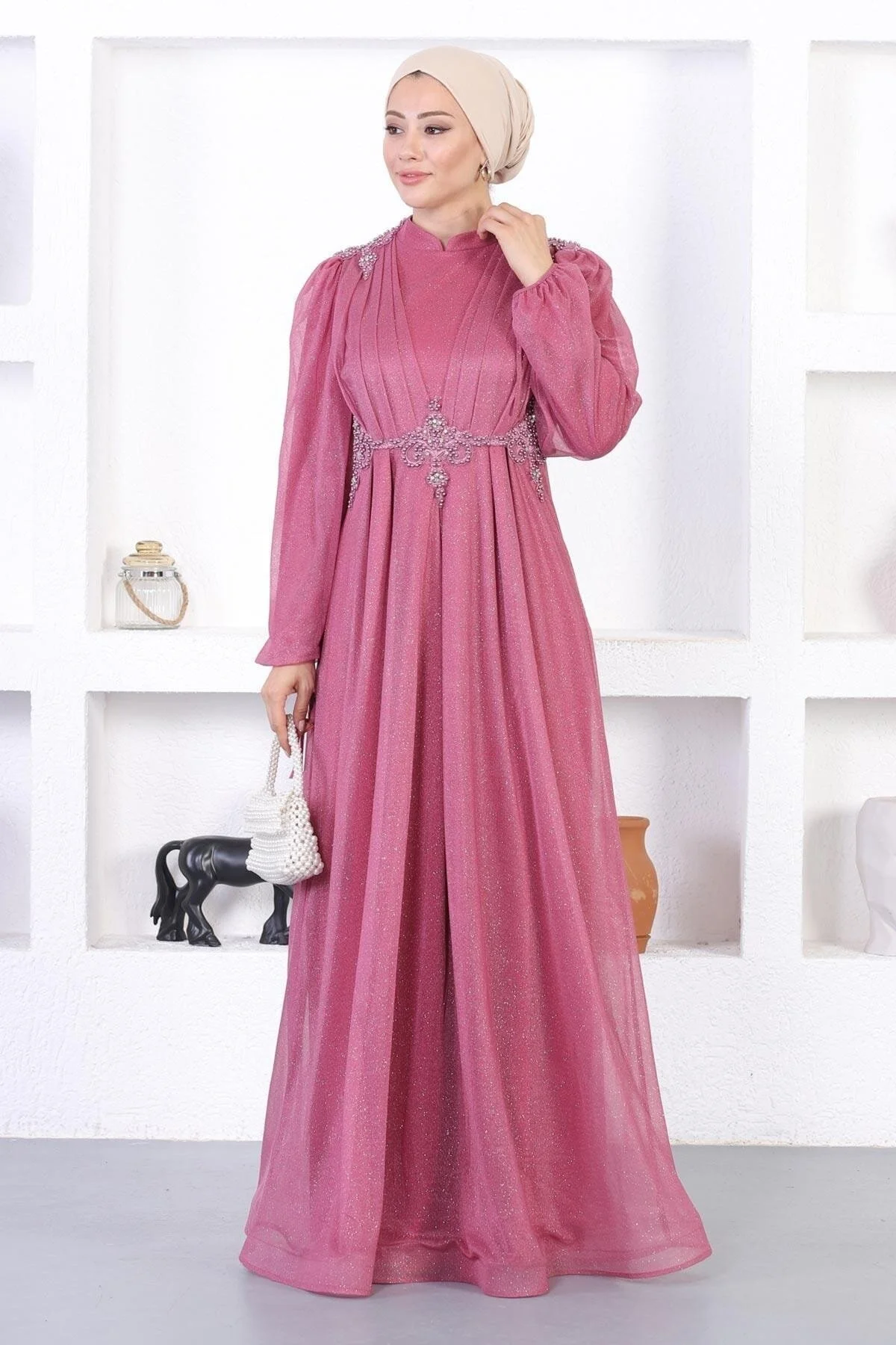 Bild von Modamihram Abendkleid Mit Perlen, Spitze Und Glitzer, Dusty Rose für Damen - 40