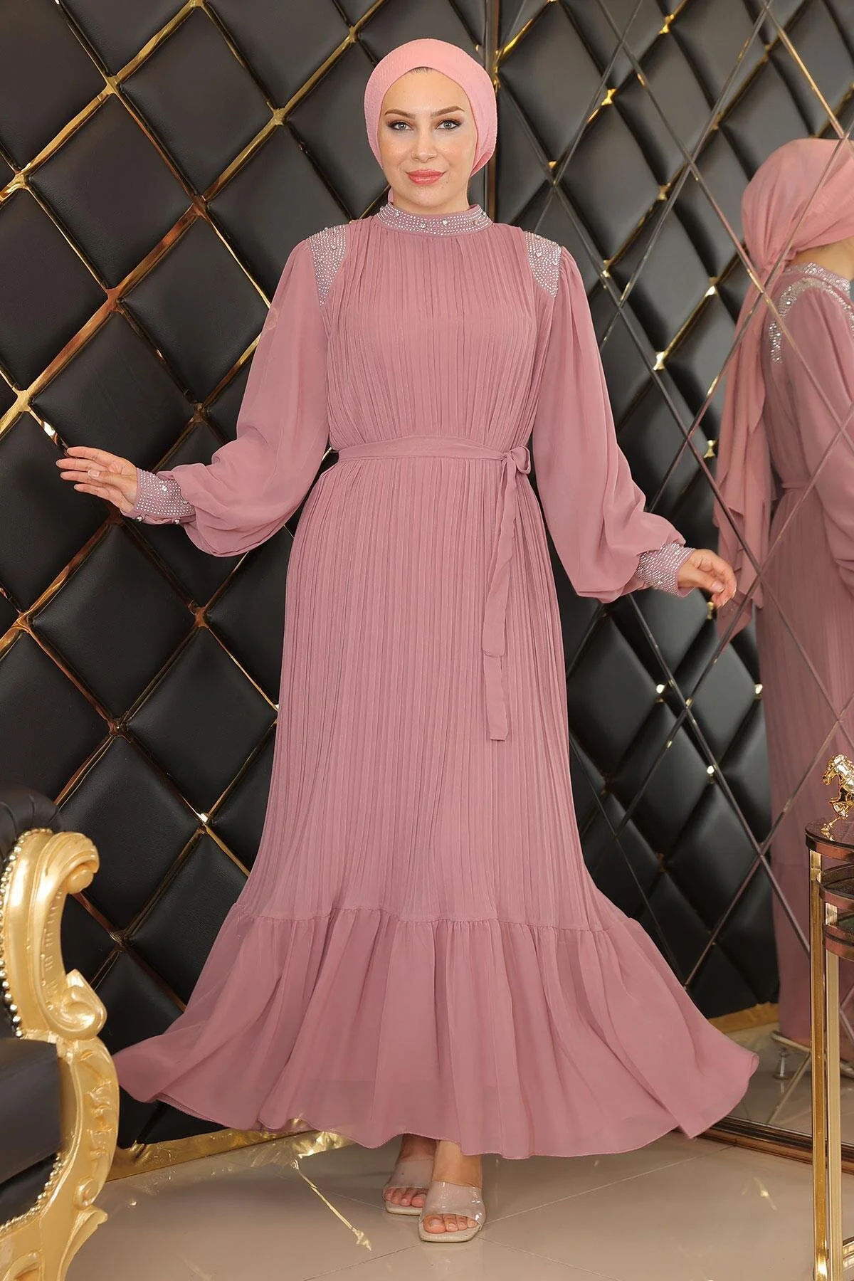 Bild von Modamihram Abendkleid Aus Plissiertem, Gesteinigtem Chiffon, Dusty Rose für Damen - 44