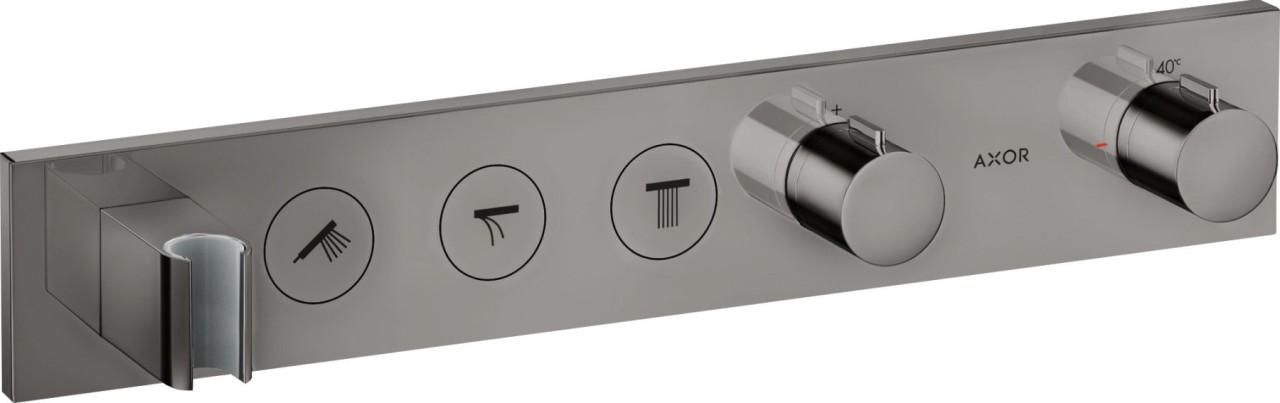 Bild von Besteht aus: Thermostatmodul, Brausehalter	Eco-Funktion: je nach Volumenstrom und Einbausituation ca. 50% Durchflussreduzierung und integrierte Absperrfunktion	3 Verbraucher	gleichzeitige Nutzung von mehreren Verbrauchern	komfortables Ein-/Ausschalten von 3 Verbrauchern über Select-Button	Thermostatkartusche, Select Ventil	Sicherheitssperre bei 40° C	Temperaturbegrenzung einstellbar	Schlauchmutter: für Brauseschläuche mit beidseitig konischer oder zylindrischer Mutter	maximale Durchflussmenge bei 3 bar: 26 l/min	Betriebsdruck min. 1 bar/max. 10 bar	Taste: Thermostat wird geliefert mit Tasten Rain large, Waterfall, Handbrause