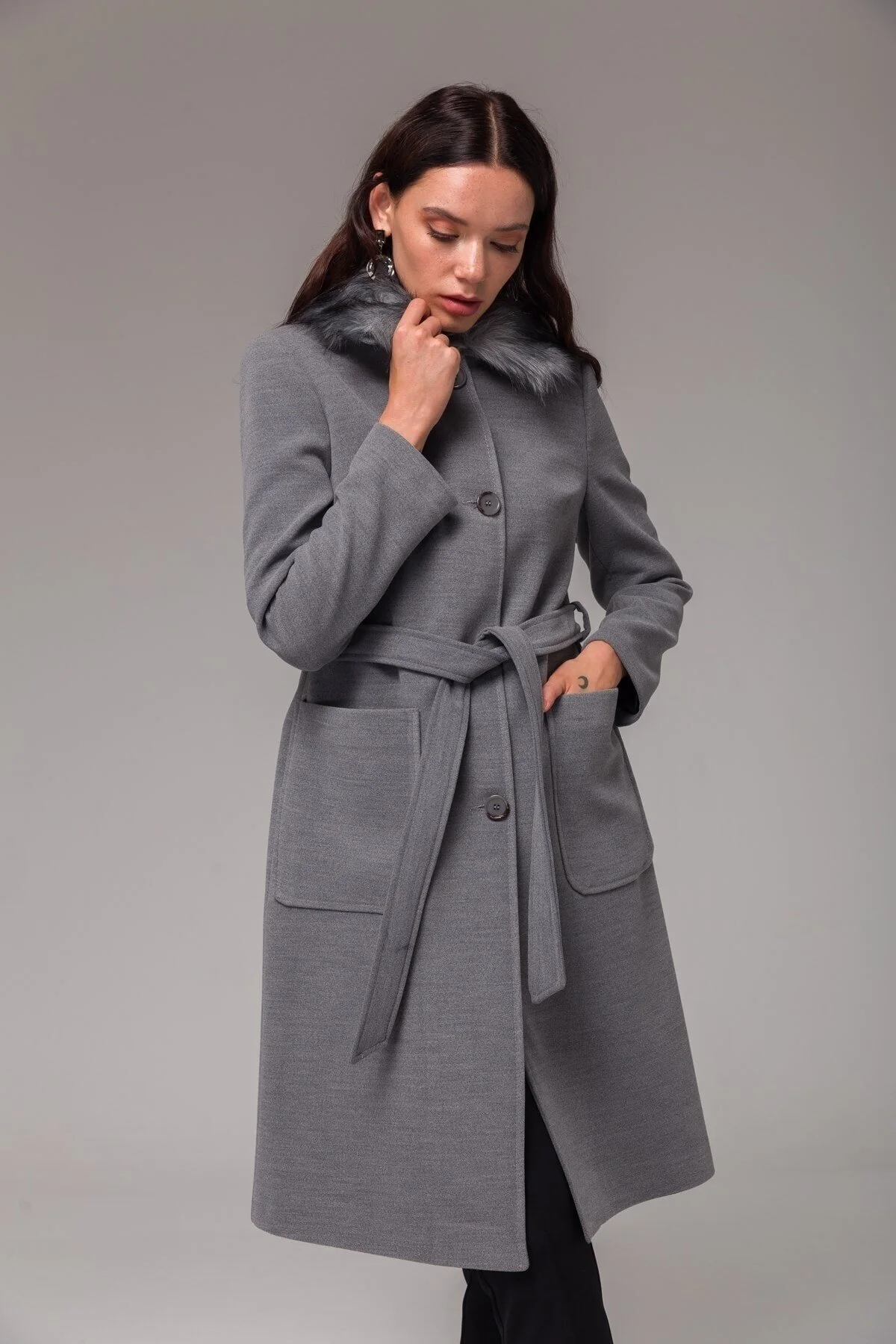 Bild von Concept. Mantel Mit Hemdkragen Und Abnehmbarer Felltasche, Grau für Damen - 46