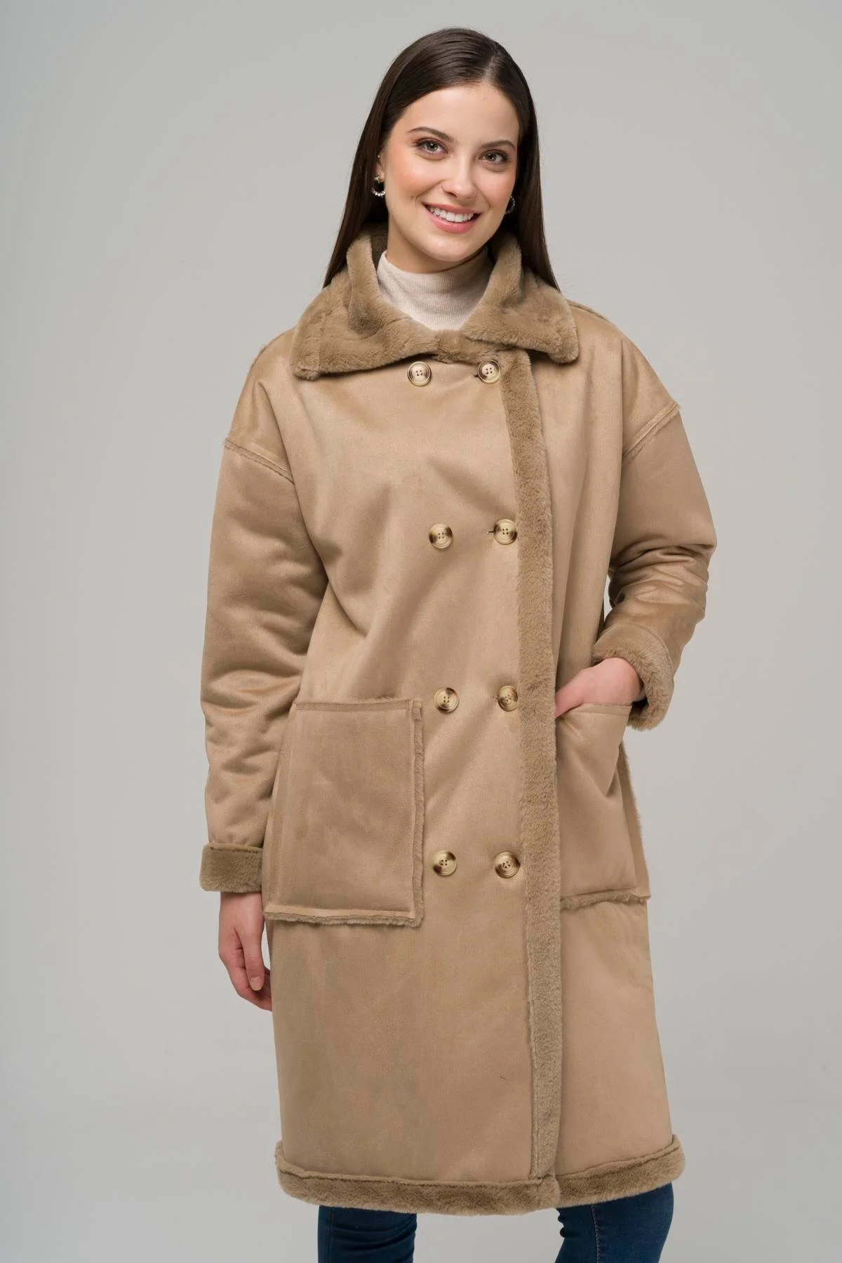 Bild von Olcay Zweireihiger Wildleder-/pelzmantel Mit Taschentaschen Stone für Damen - S