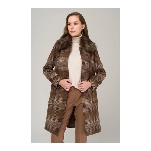 Bild von Eleganter karierter Mantel mit abnehmbarem Pelzkragen für Damen