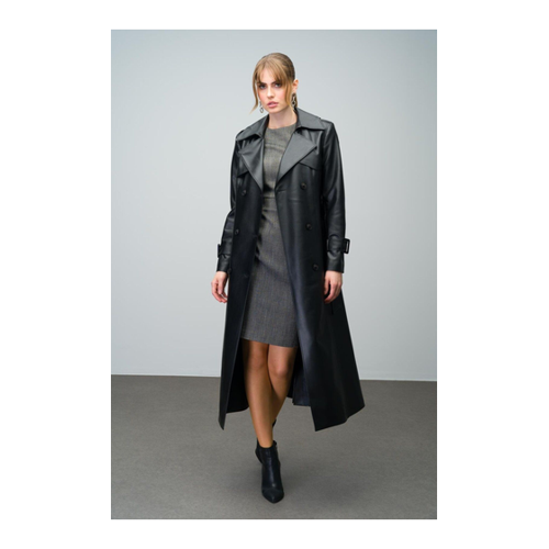 Bild von Eleganter Olcay Schwarzer Zweireihiger Trenchcoat aus Leder für Damen