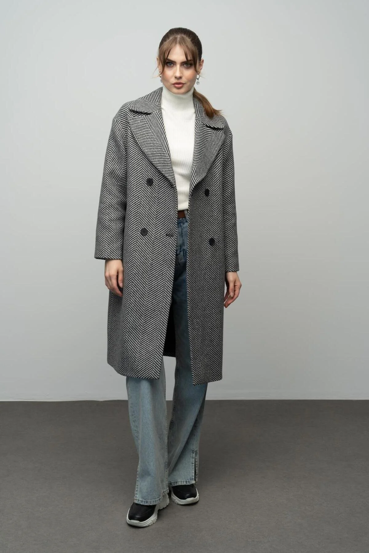 Bild von Olcay Übergroßer Zweireiher-mantel Mit Fischgrätenmuster Schwarz für Damen - L/XL