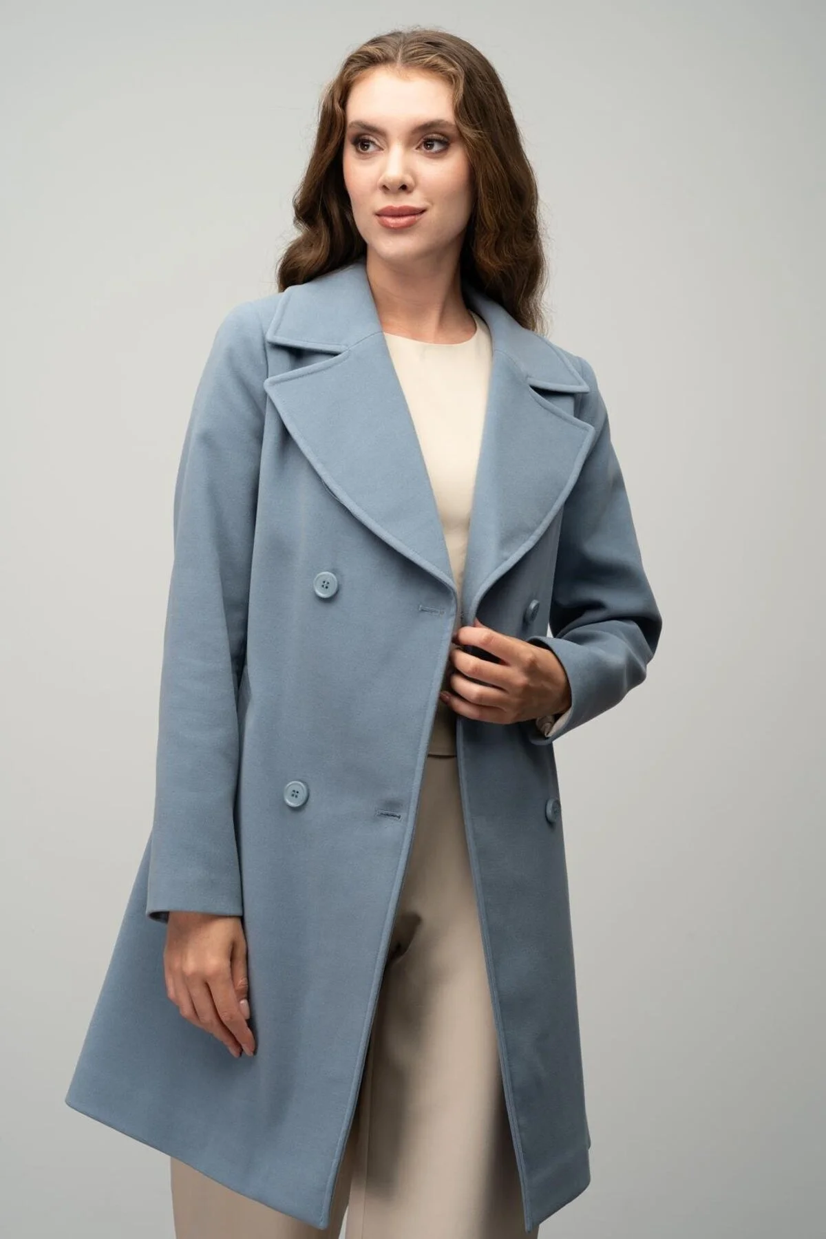 Bild von Olcay Blauer Zweireiher-mantel Taillengebunden für Damen - 40