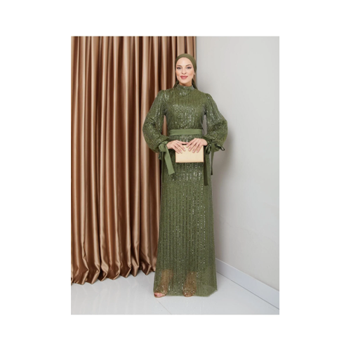 Bild von Stylisches Olcay Grüne Pailletten-Hijab-Abendkleid mit Schleifendetail