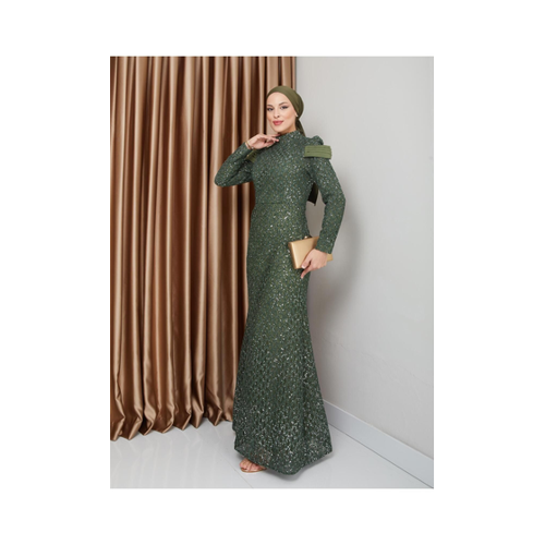 Bild von Olcay Fisch-hijab-abendkleid Mit Pailletten-satin-ärmeln – Khaki für Damen - 38